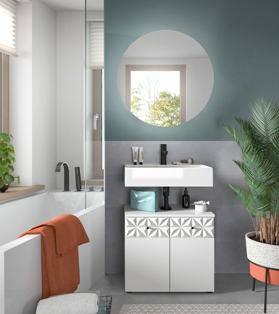 xonox.home Badmöbel-Set Badezimmer-Set Prisma, weiß / weiß Hochglanz, 2-teilig, optional, (2-St), Badmöbel, Badkombination