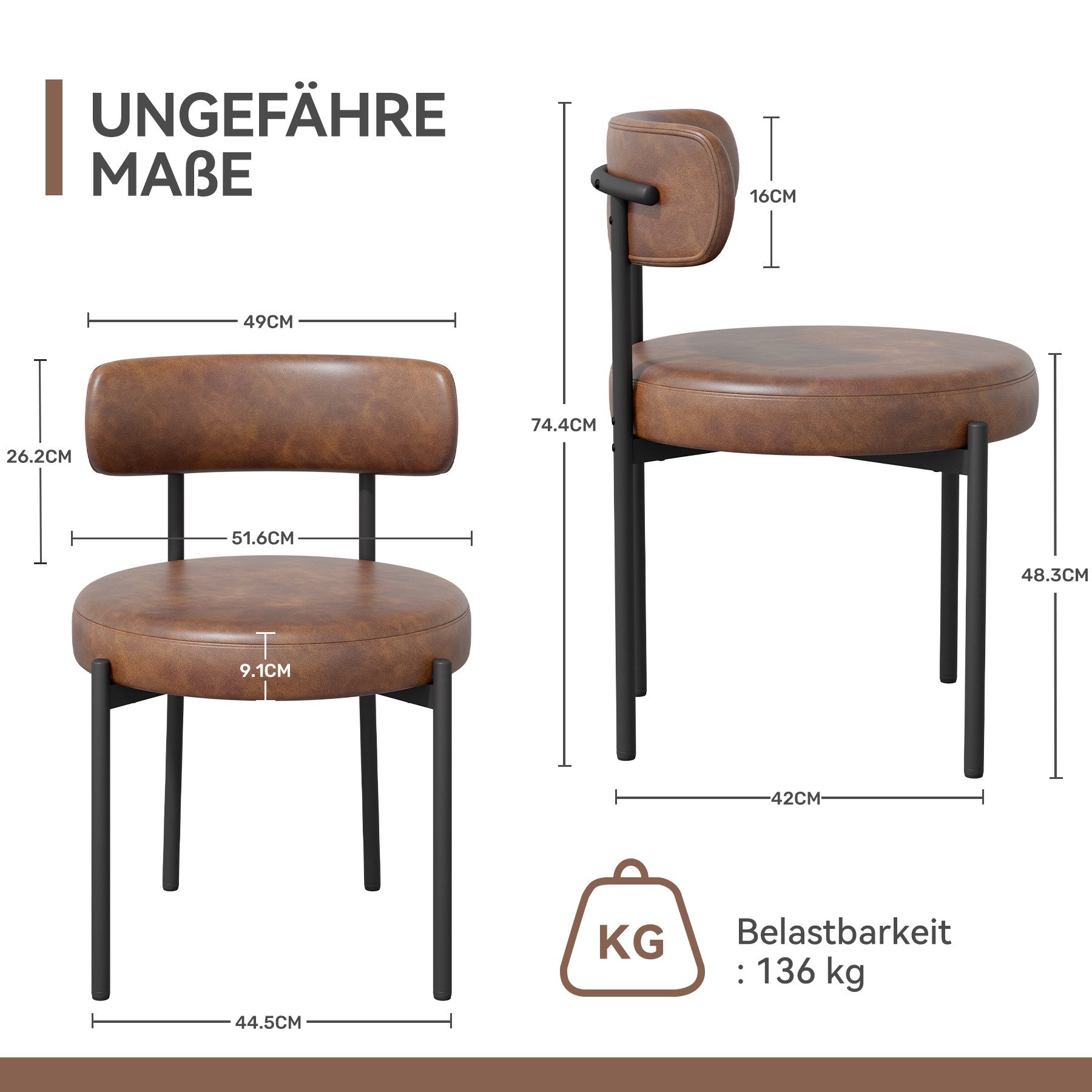 HawthyHome Esszimmerstuhl Runder Polsterstuhl mit Metallgestell, Wohnzimmerstuhl, Küchenstuhl (2 St), 2er Set