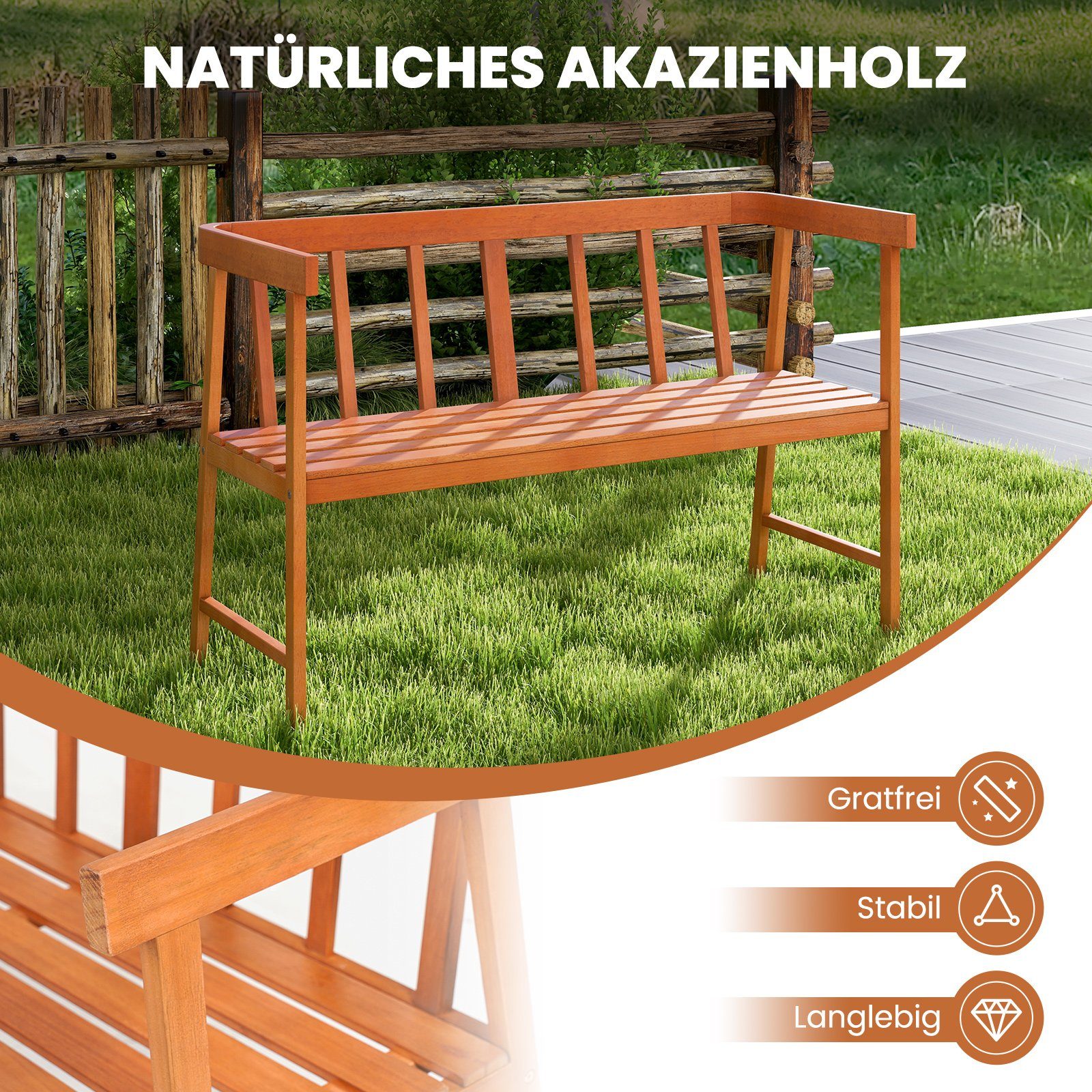 COSTWAY Gartenbank, 2 Sitzer, Akazienholz, bis 360kg, 110x46x72cm