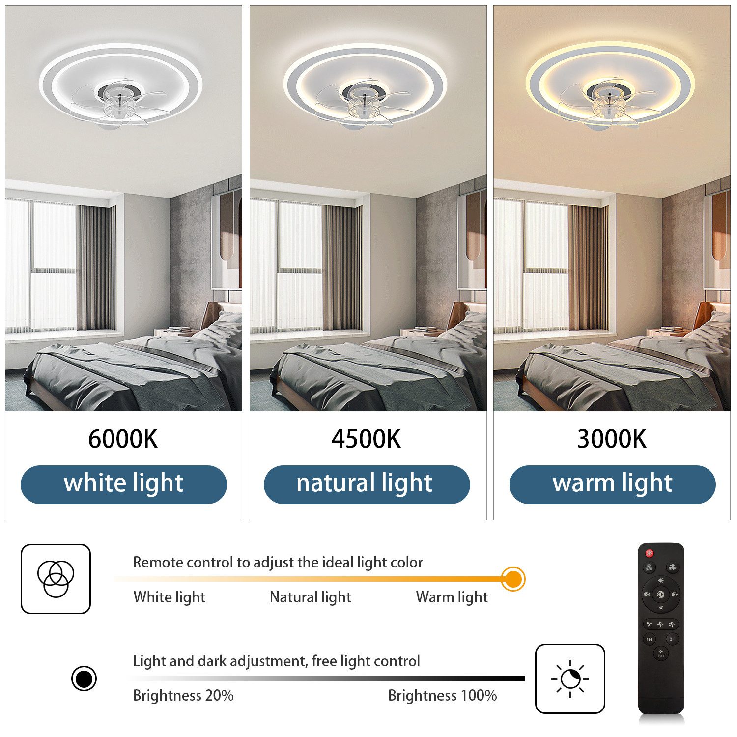 JDONG Deckenventilator Mit Beleuchtung Leise 54W Dimmbar Deckenleuchte Mit Fernbedienung, Für Schlafzimmer Wohnzimmer Esszimmer Arbeitszimmer
