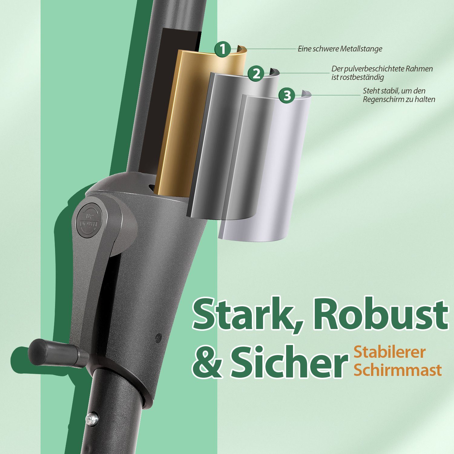 Sekey Sonnenschirm ∅ 220/270/350 cm Gartenschirm mit Kurbel Marktschirm Neigbar, LxB: 270,00x271,00 cm, Sonnenschutz UV50+, Windfest und Stabil, 100% Wasserfest – Bild 4 von 5
