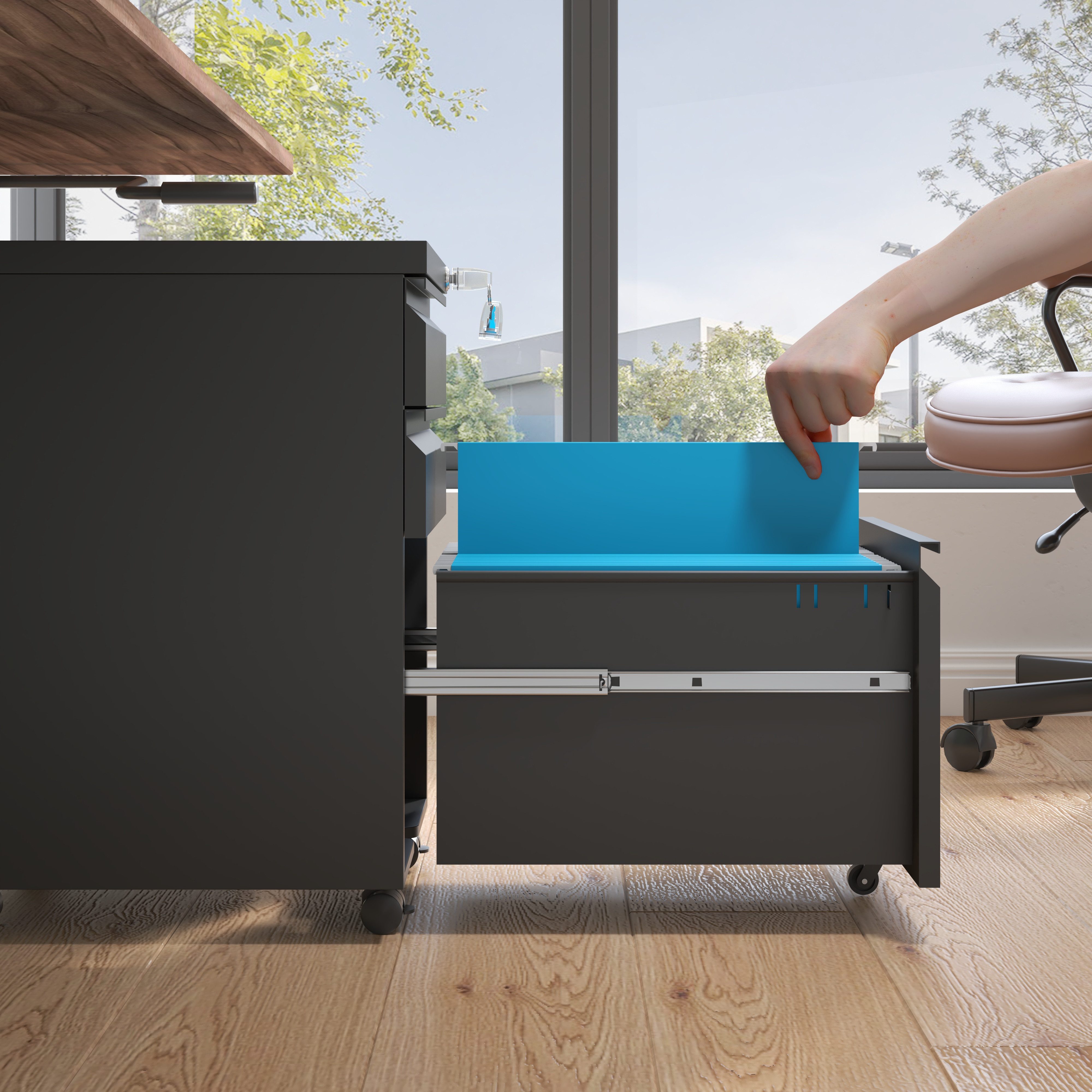 Odikalo Aktenschrank Aufbewahrung Rollcontainer Schloss Schubladen60×B37.3×T44 Schwarz/Weiß