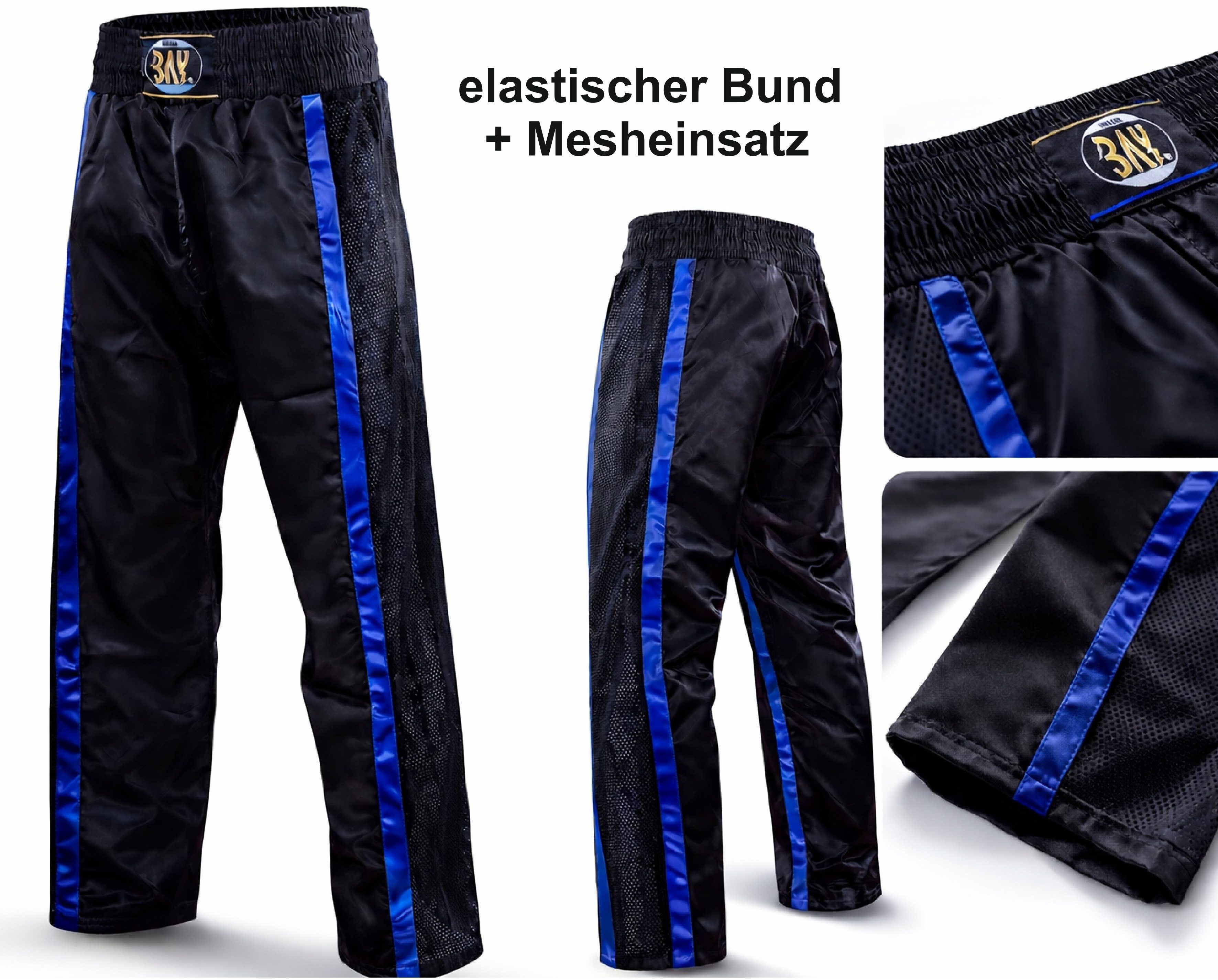 BAY-Sports Sporthose Kickboxhose NETZ-MESH Mesh Netzeinsatz Hose lang Kickboxen Kampfsport lange, leichte, locker sitzende Trainingshose, Schwarz/Blau