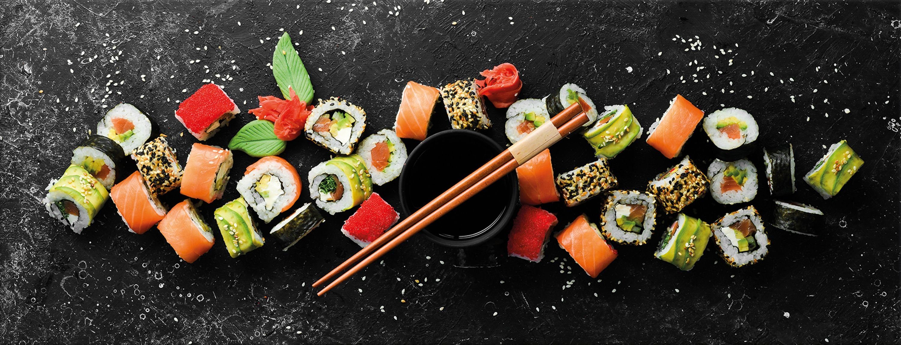 artissimo Glasbild Glasbild 80x30cm Bild aus Glas Küche Küchenbild asiatisch bunt schwarz, Essen und Trinken: Sushi