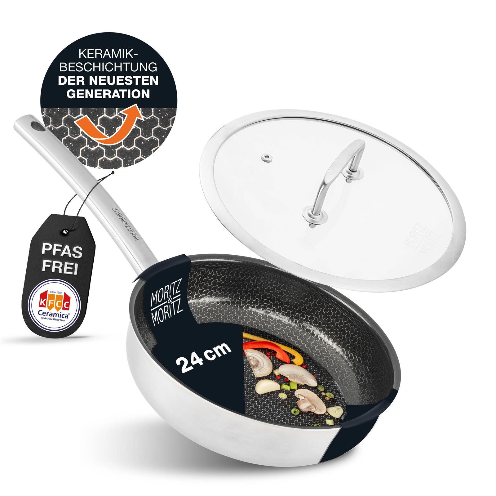 Moritz & Moritz Wok mit Deckel 24cm gerader Rand, 304 Edelstahl (Bratpfanne & Deckel Set)
