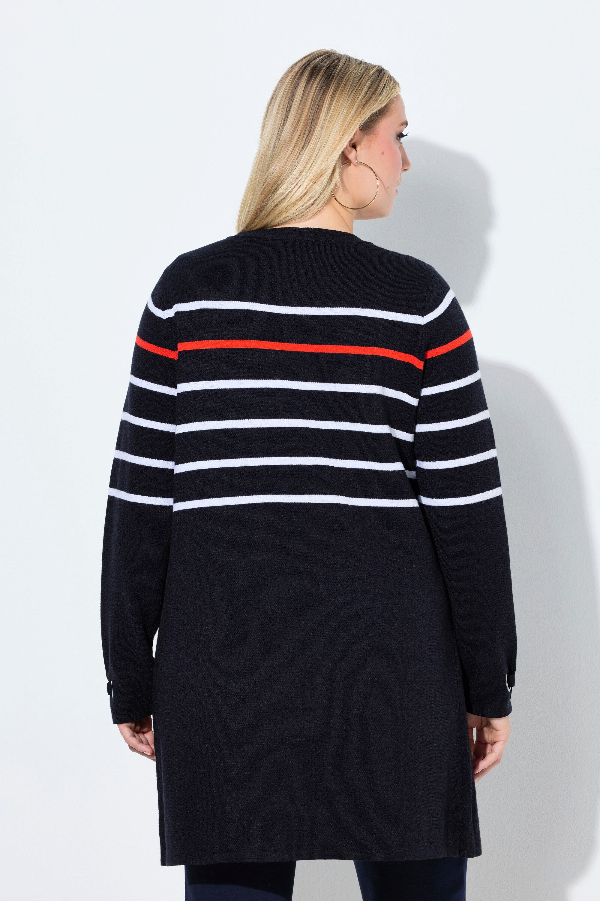 Ulla Popken Langjacke Long-Strickjacke Ringel V-Ausschnitt Langarm