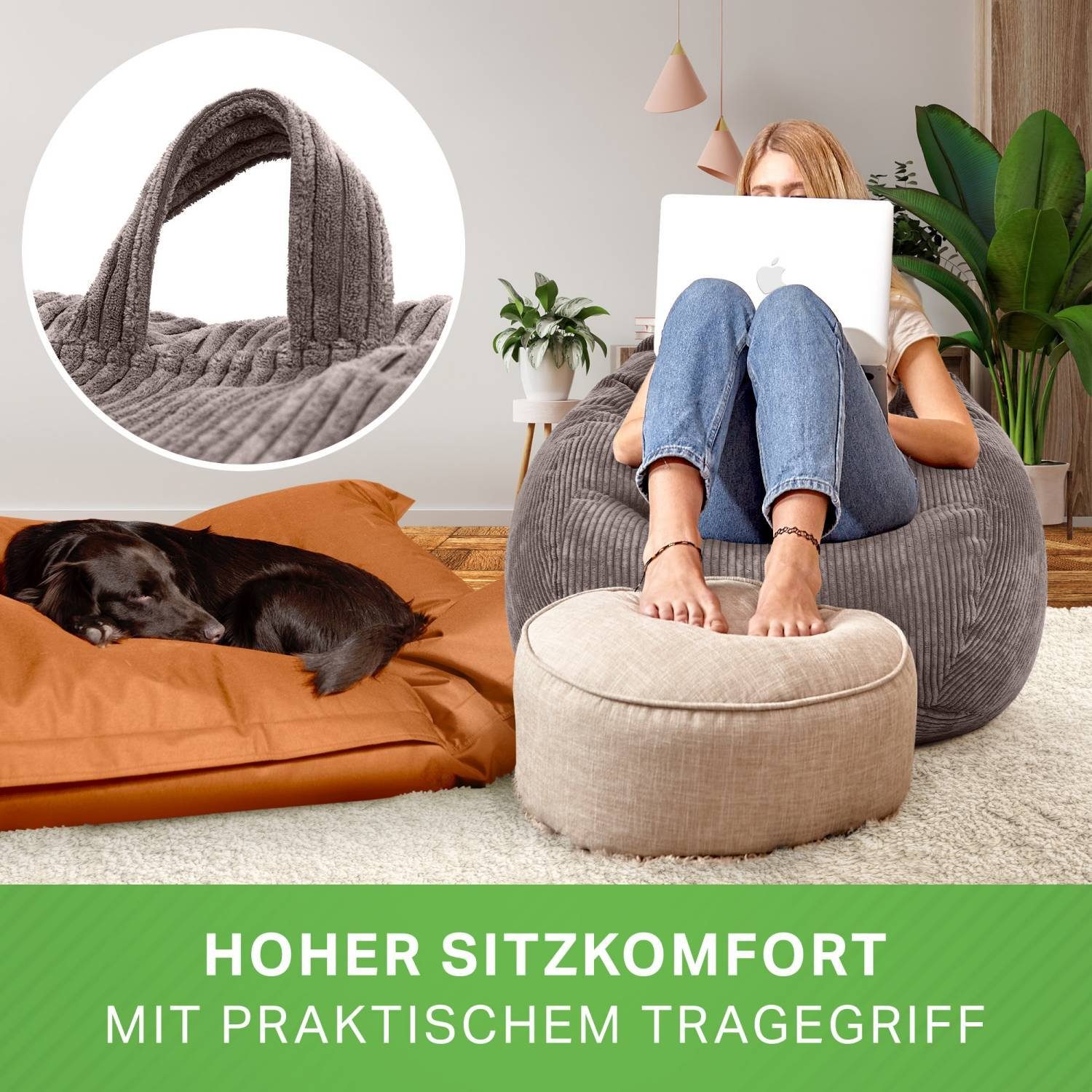 Sitzkissen), Green Kinder Relax-Sessel & (Indoor - Waschbar Füllung Kuschelig Erwachsene Liegekissen Bodenkissen Cord Sitzsack Scoop Cordstoff, EPS-Perlen Bean Weich Drinnen Sitzhocker 90x110cm Stoff Grau Sitzsack