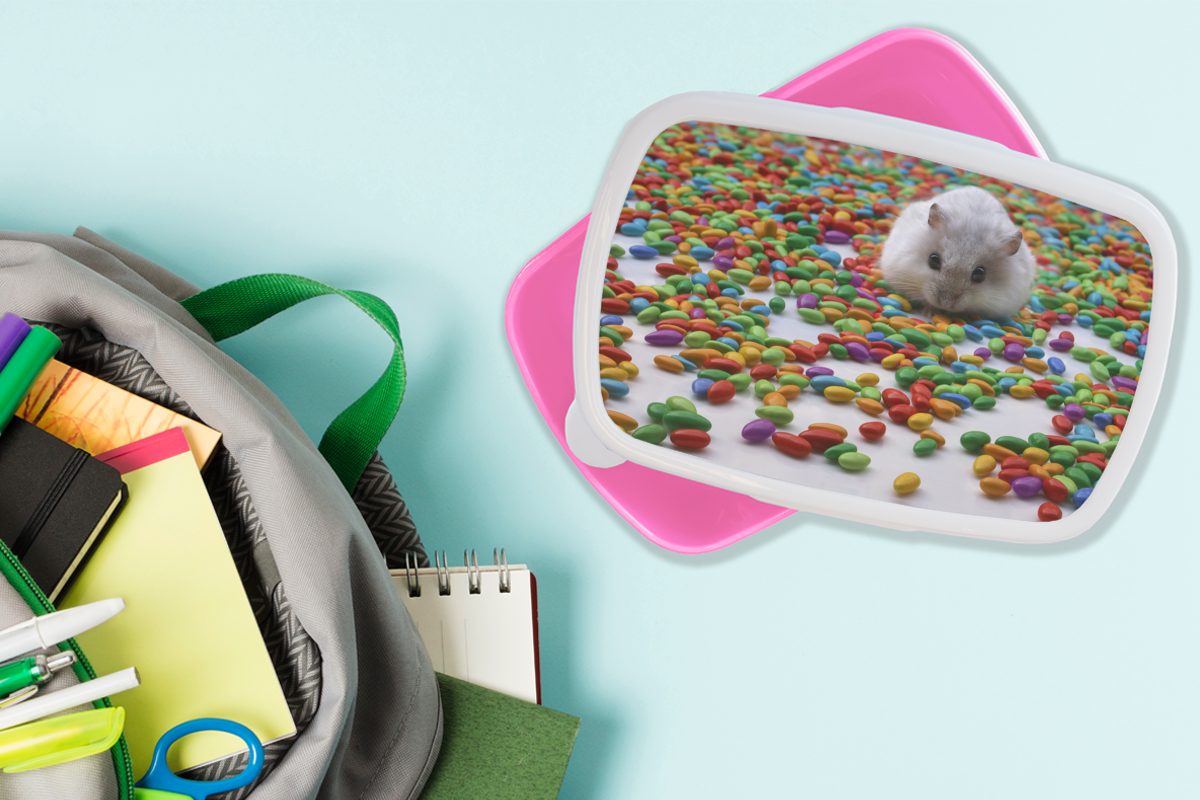 MuchoWow Lunchbox Hamster Brotbox Bonbons, Mädchen, Kunststoff, zwischen (2-tlg), Kunststoff bunten für Erwachsene, Brotdose Kinder, Snackbox, rosa den
