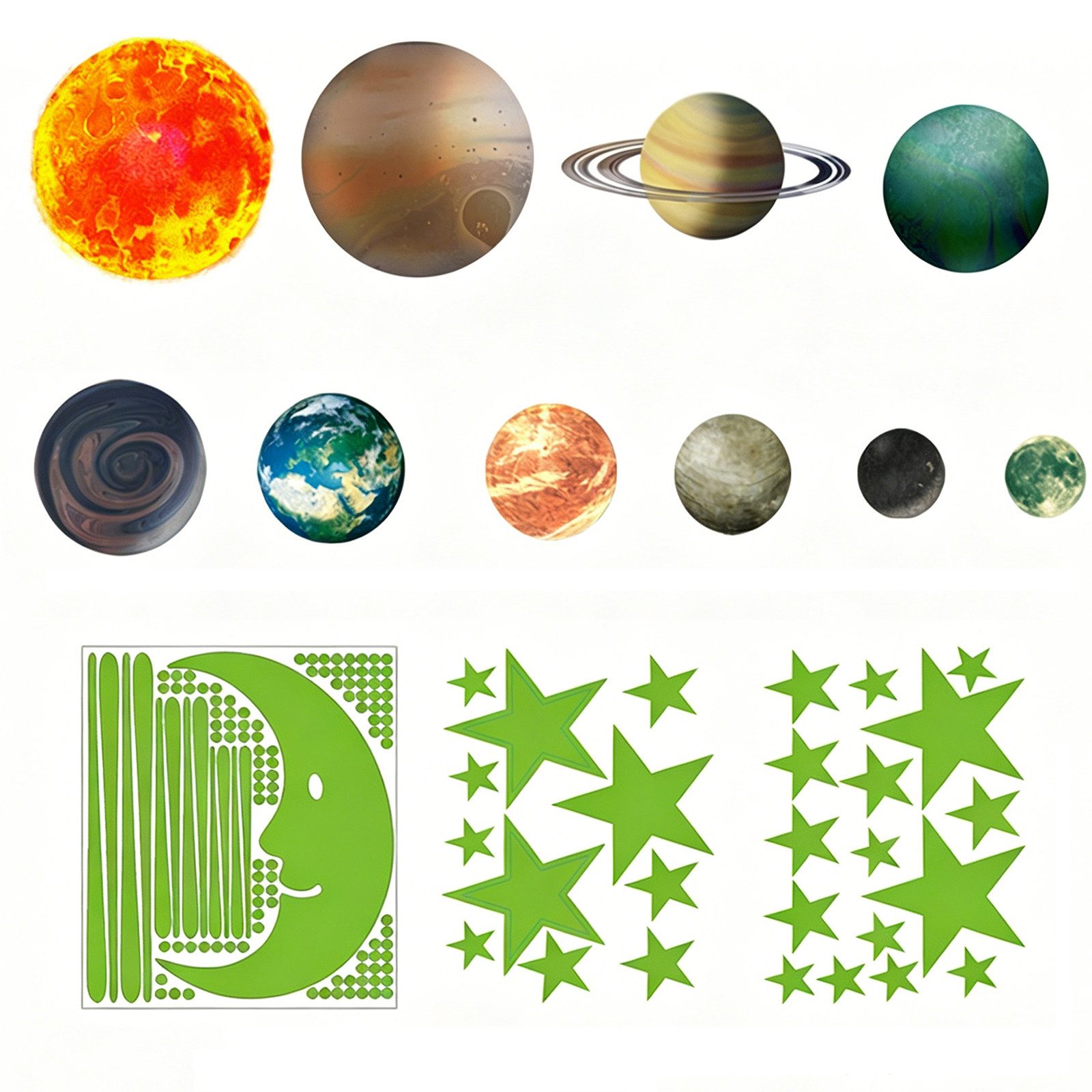 MOPUEA Wandtattoo 10 Planeten Wandtattoo Leuchtsterne Kinder inkl 3 Bögen Sterne (Leuchtende Wandsticker Sterne Planeten Kinder Zimmer Deko, Kinder Raum Dekoration Sterne Planeten Leucht Sticker Lernset), Leuchtend selbstklebend wasserfest kinderfreundlich dekorativ