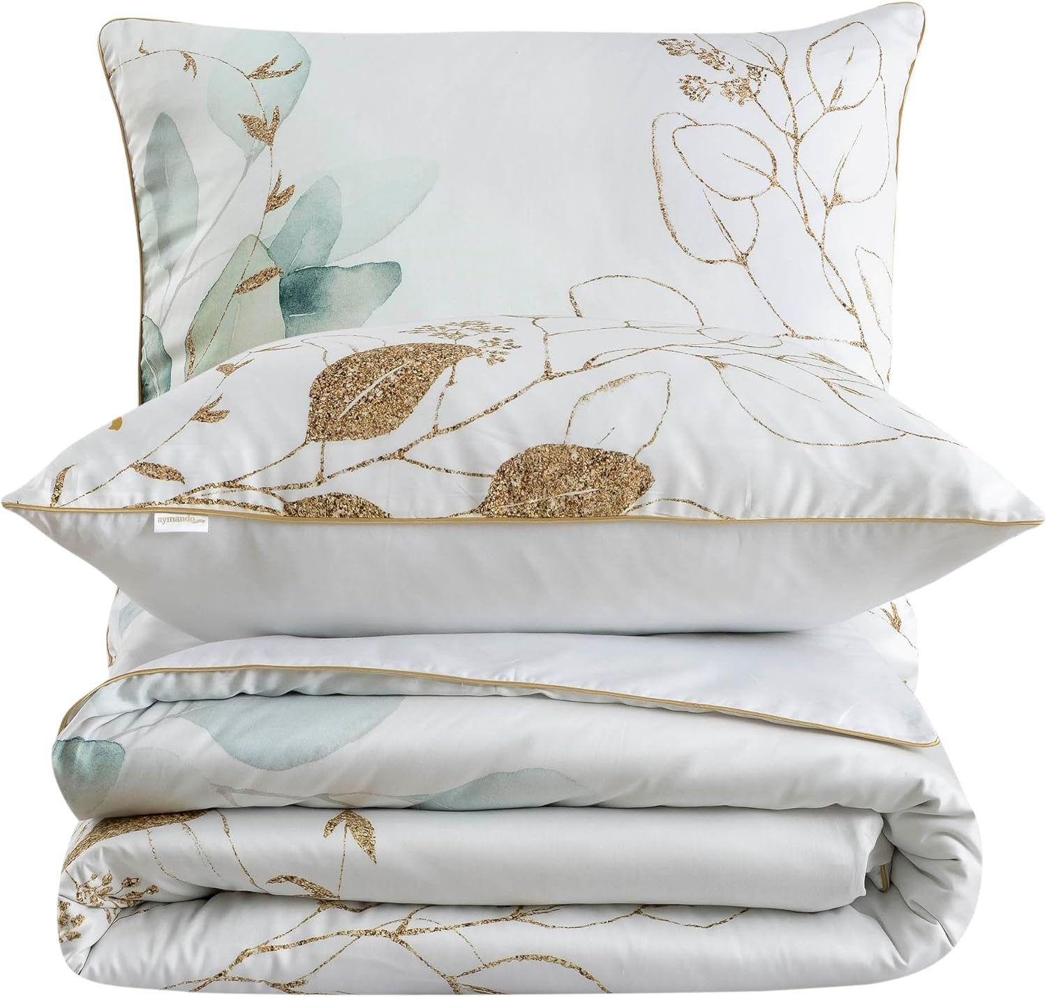 Aymando Bettwäsche Leaf Green, 100% Baumwolle Mako Satin, 3 teilig, Saum un günstig online kaufen