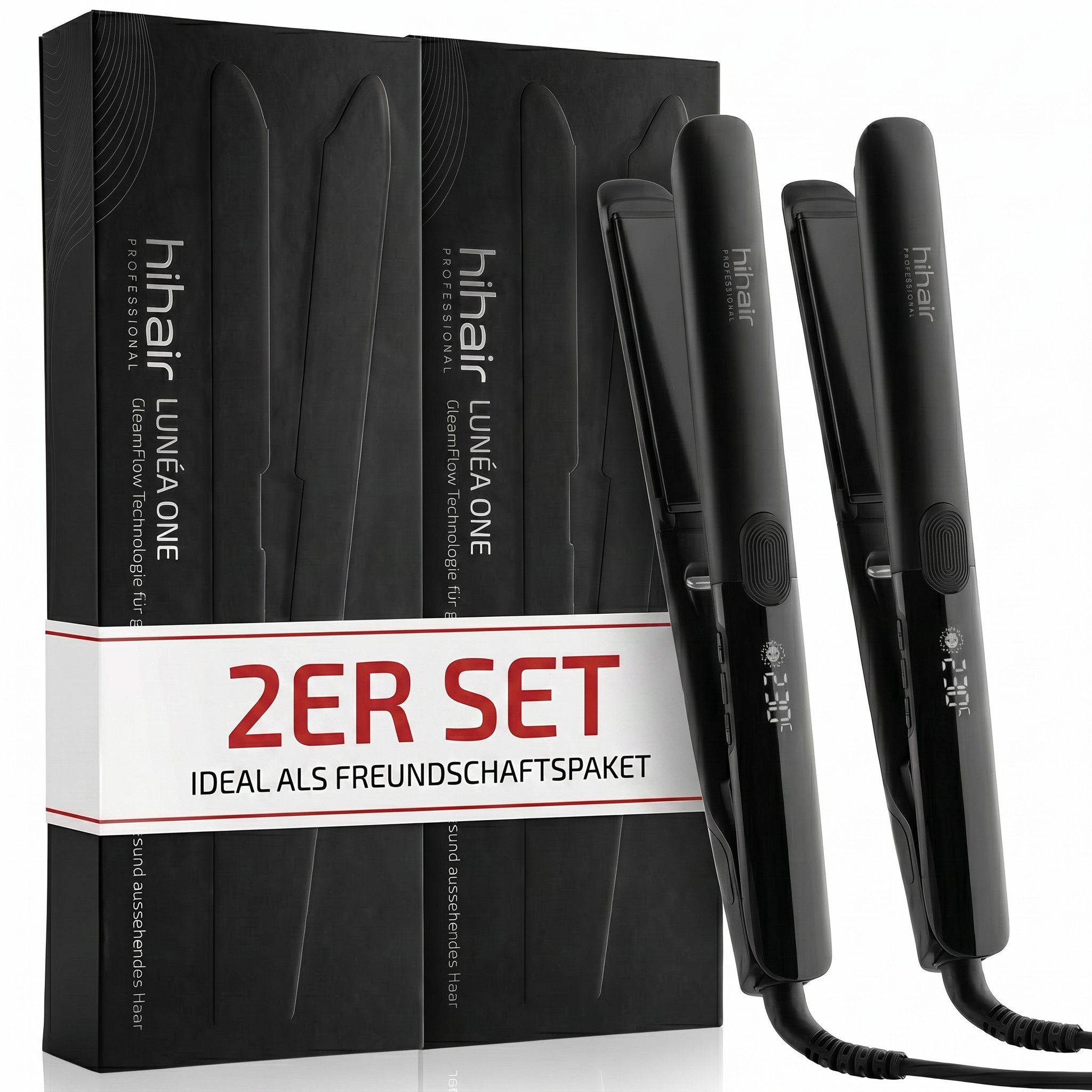 hihair Glätteisen Lunéa One 2er Spar-Set – Haarglätter Testsieger 2025* – 100 Tage Test Keramik, LCD Display, Druckknopf, Gleam Flow Technologie, 2,5 m langes Kabel