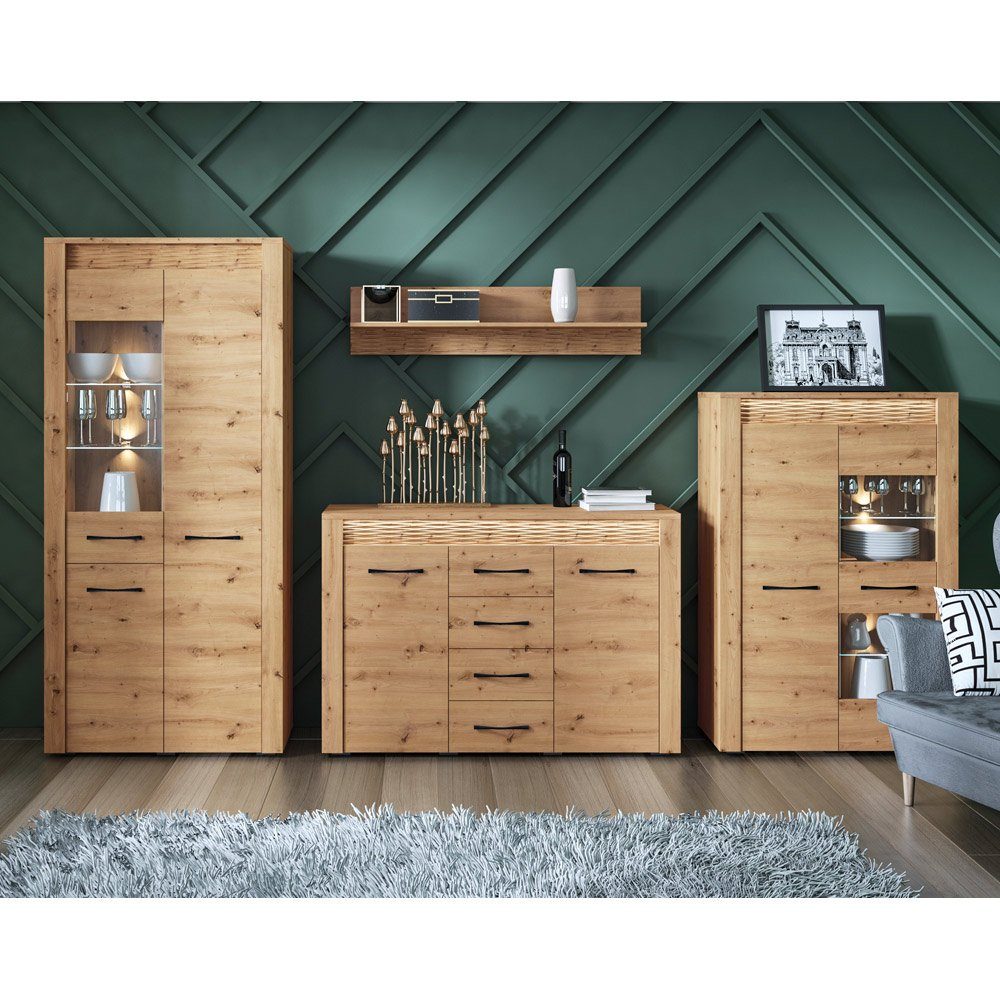 Lomadox Wohnwand ARTA-131, (4-St), mit Wandregal und Beleuchtung in Artisan Eiche Nb., : 362/200/40 cm