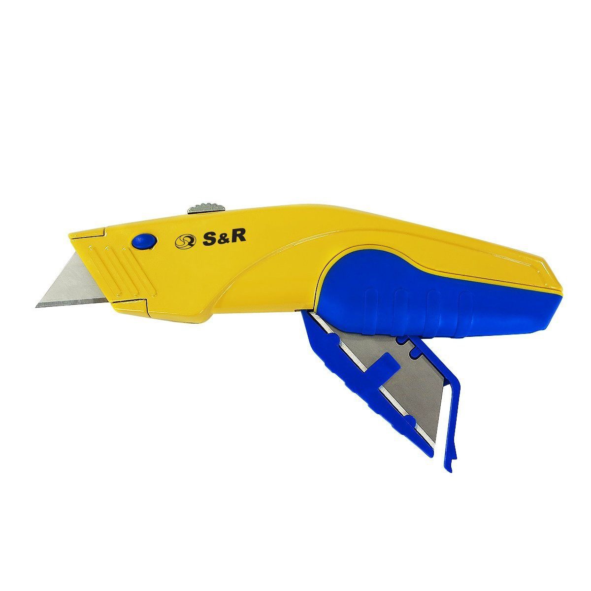 S&R Teppichmesser Schnellwechssel Profi Cuttermesser 168mm, (7-tlg., + 5 Ersatzklingen), SK5 Klinge 3-stufig, Klingenwechsel per Knopfdruck – Bild 4 von 5
