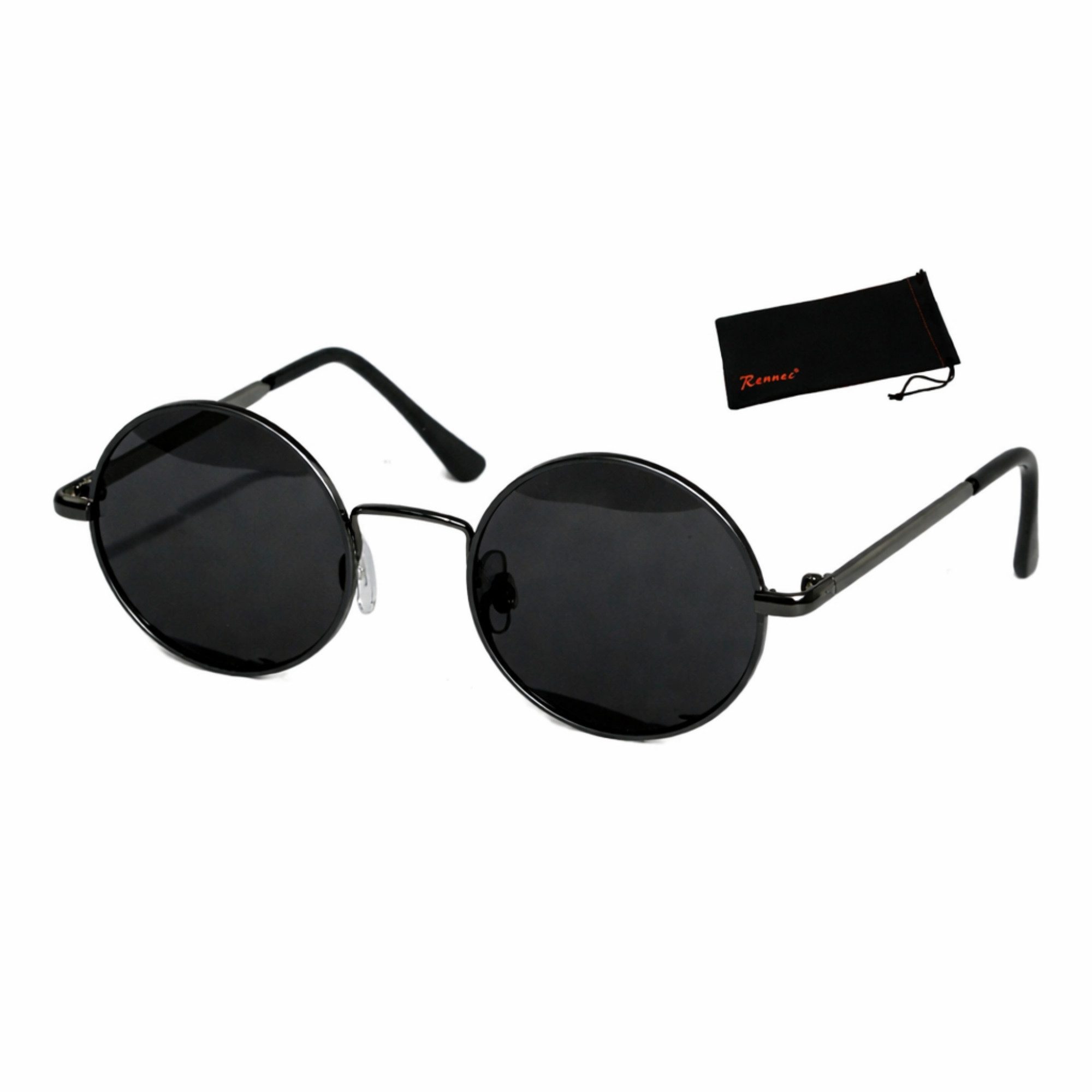Rennec Sonnenbrille Kinder Brille Rund UV400 Schwarz Polarisiert mit Brillenbeutel Nickelbrille Jungen Mädchen, 5 bis 9 Jahren, Linsen Schwarz Getönt
