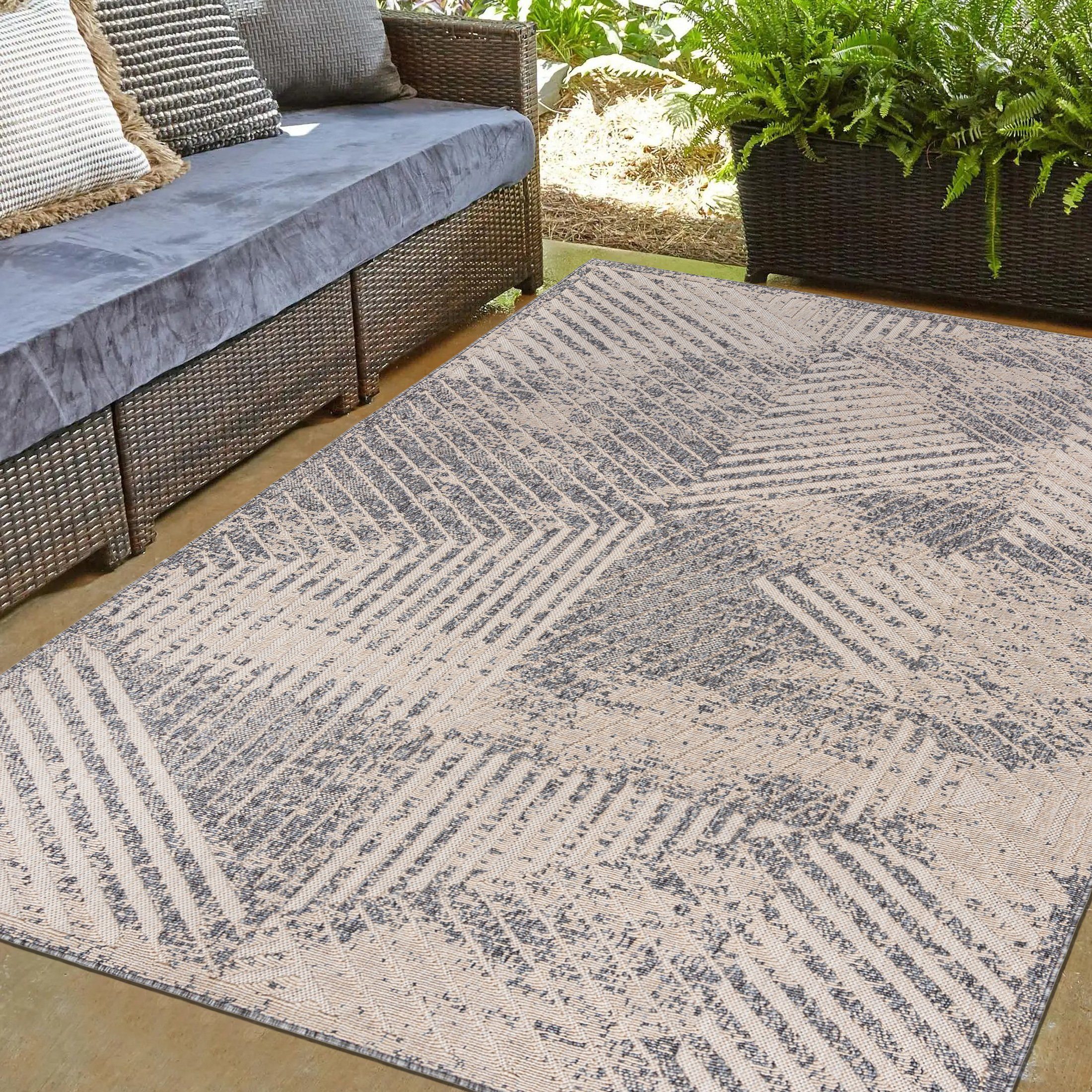 Outdoorteppich In- & Outdoor Teppich Wetterfest & UV-beständig Balkon - Beige Grau, Mazovia, 200 x 300 cm, Höhe 6 mm, Kurzflor - niedrige Florhöhe, Weich, Pflegeleicht, Flachgewebe