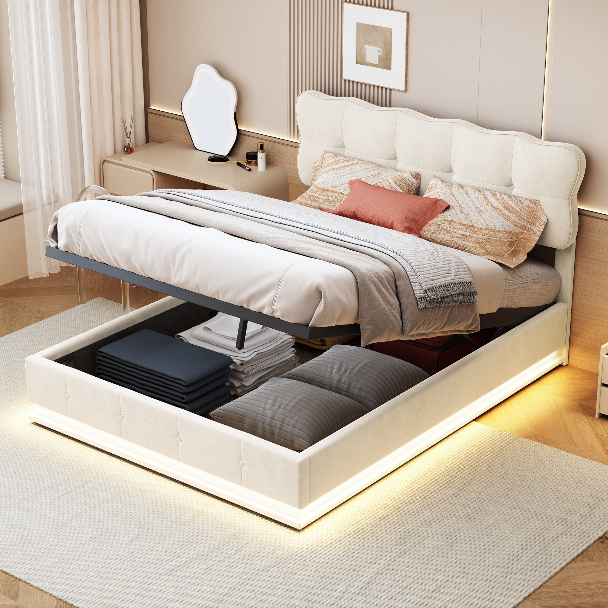 FUROKOY Stauraumbett Polsterbett Doppelbett mit LED-Beleuchtung (Gepolstert günstig online kaufen