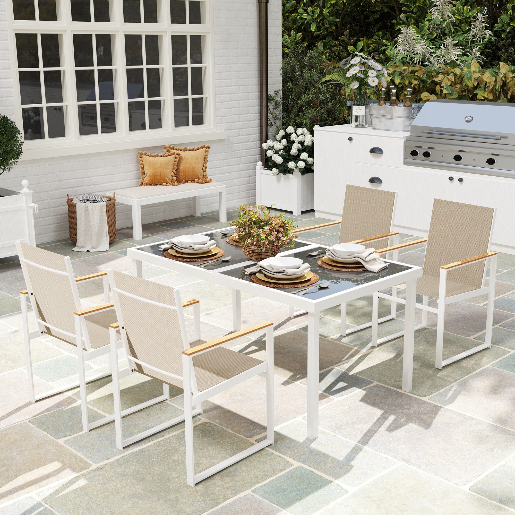 Outsunny Garten-Essgruppe Essgruppe für 4 Personen Abnehmbar Esstisch mit 4 Stühle, (Sitzgruppe, 5-tlg., Esszimmergruppe), mit Stahlgestell, für Terrasse, Balkon, Mehrfarbig