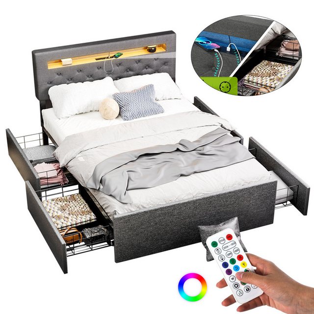 LETGOSPT Polsterbett Doppelbett 140x200cm mit LED,4 Schubladen&LED Beleucht günstig online kaufen