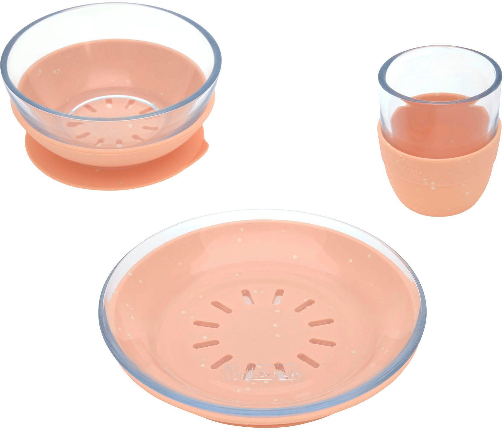 LÄSSIG Kindergeschirr-Set Apricot (3-tlg), 1 Personen, Glas, Silikon,  rutschfest, Rutschfest dank abnehmbarem Silikonuntersatz