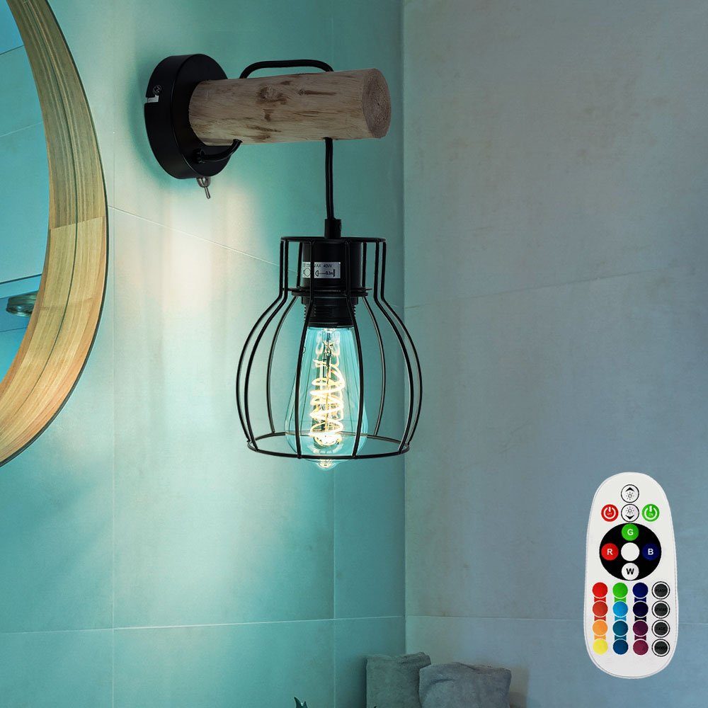 etc-shop LED Wandleuchte, Leuchtmittel inklusive, Warmweiß, Farbwechsel, Retro Wand Leuchte Fernbedienung Käfig Design Holz Natur