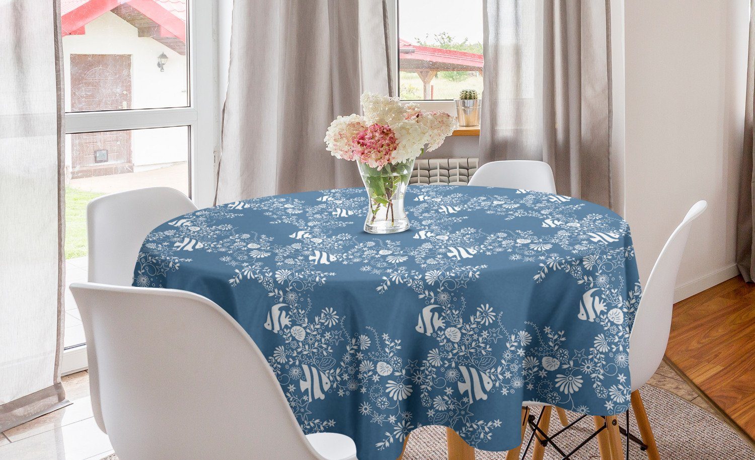 Abakuhaus Tischdecke Kreis Tischdecke Abdeckung für Esszimmer Küche Dekoration, Sea Shells Blumen und Fische
