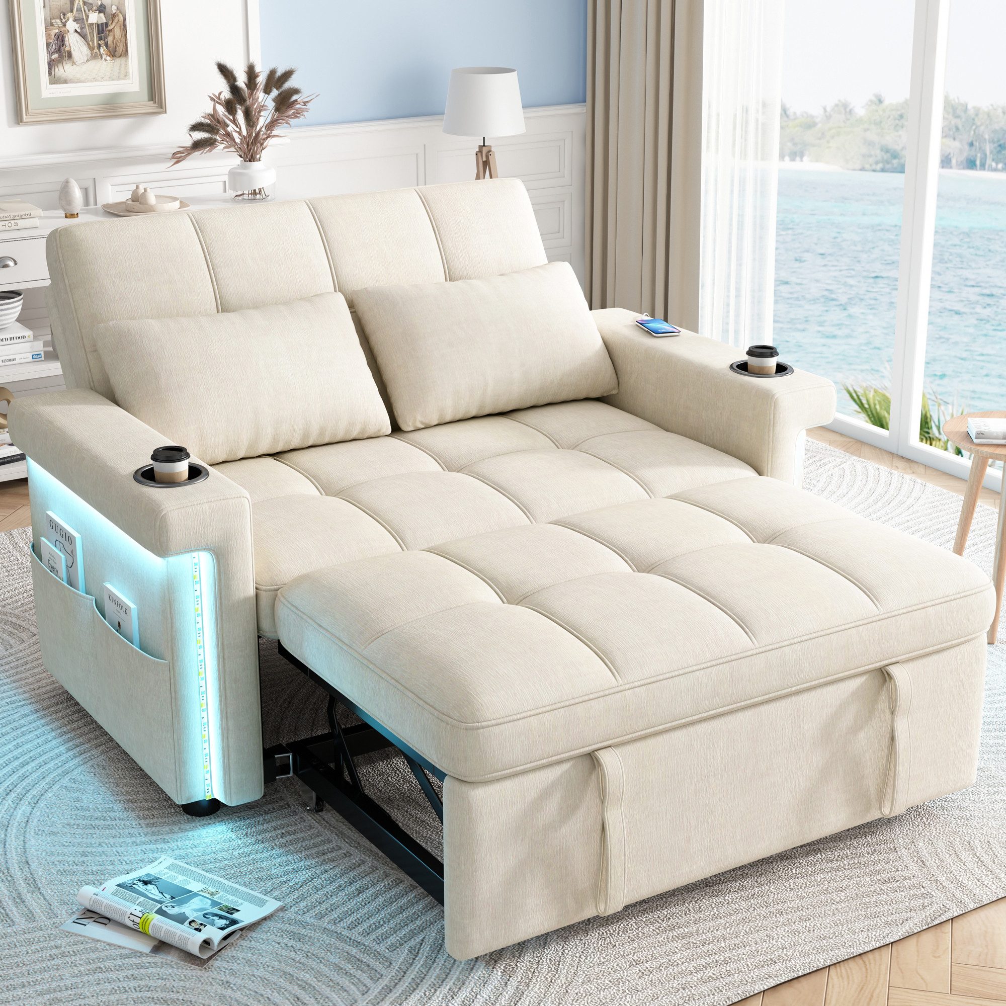 Fine Life Pro Sofa Sofa 2er Set Chenille LED USB verstellbar, Beige Wohnzimmer Schlafzimmer