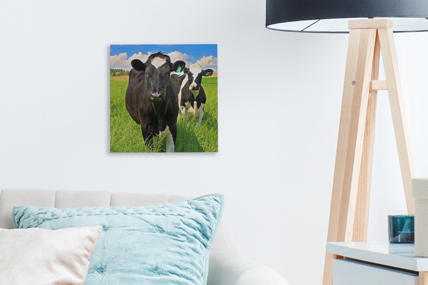 (1 Natur - OneMillionCanvasses® Leinwand Schlafzimmer bunt Bilder Leinwandbild Wohnzimmer Kuh für Gras - - St), Tiere,