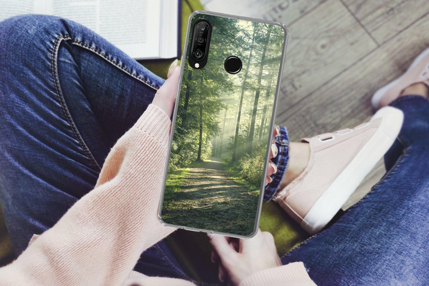 MuchoWow Handyhülle für Huawei P30 Lite Wald - Weg - Sonne - Bäume - Grün - Natur, Handy Case, Silikon, Bumper Case Dünn