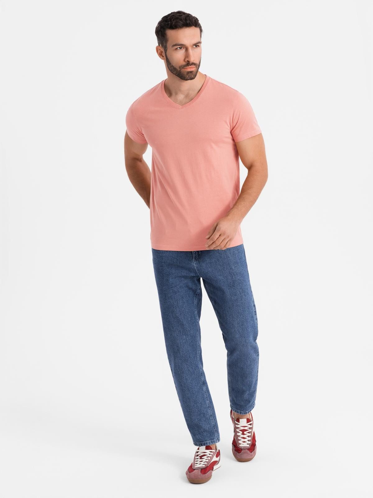 OMBRE T-Shirt BASIC Herren T-Shirt aus klassischer Baumwolle mit V-Ausschnitt Jacquard-Label mit Branding in der Seitennaht