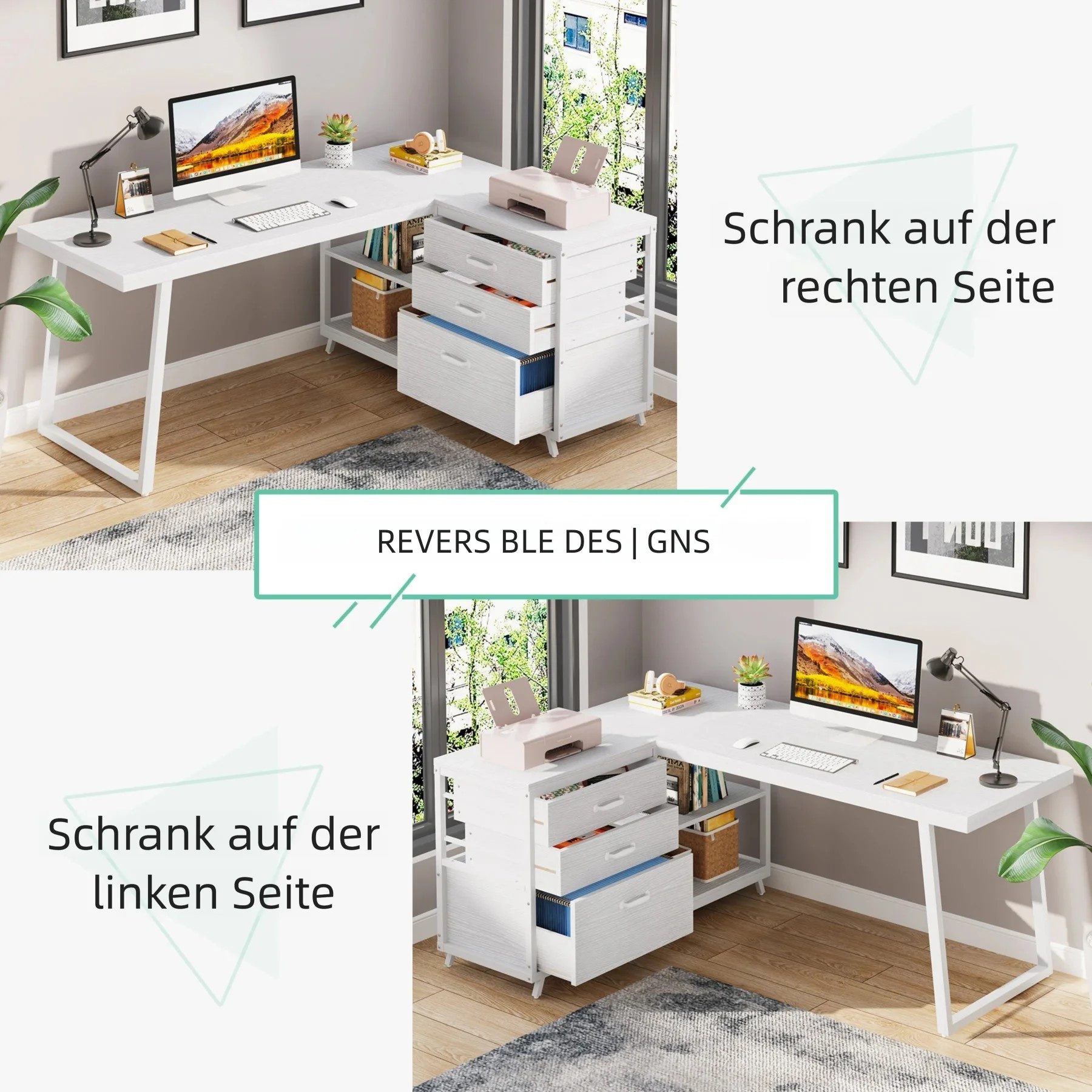 Tribesigns Eckschreibtisch 135 x100 cm PC Schreibtisch, L-förmiger Computertisch mit 3 Schubladen – Bild 5 von 5