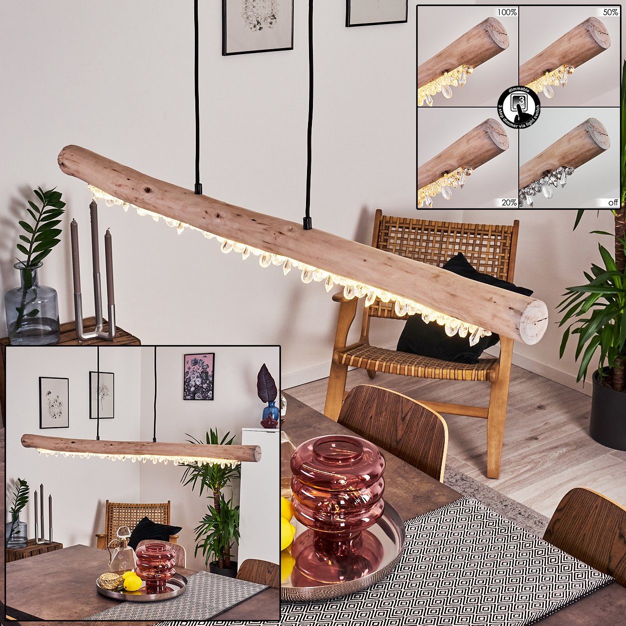 hofstein Pendelleuchte »Lipusa« Hängelampe länglich aus Metall Schwarz und Holz, 3000 Kelvin, 1xLED 20 Watt, 2000 Lumen, über herkömmlichen Lichtschalter dimmbar