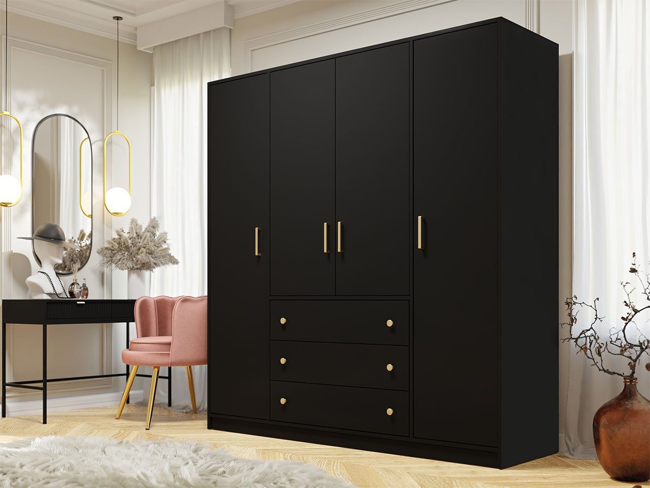 Toller Versandpreis! Mirjan24 Kleiderschrank Retro Schwarz 3 und 4 Drehtüren Gold (mit Aluminumgriffe D4 Kleiderstange, Schubladen)