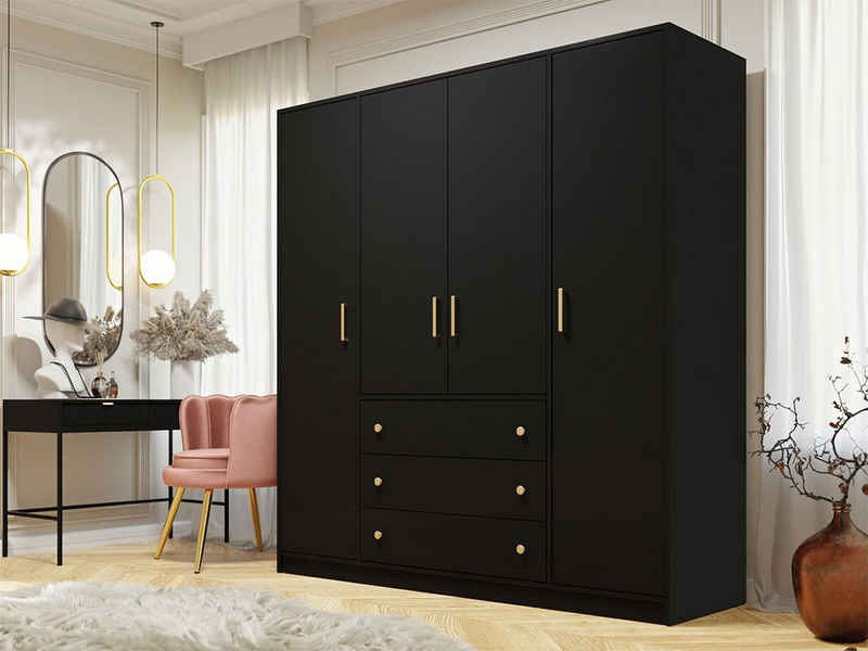 MIRJAN24 Kleiderschrank Retro D4 (mit 4 Drehtüren und 3 Schubladen) Kleiderstange, Gold Aluminumgriffe