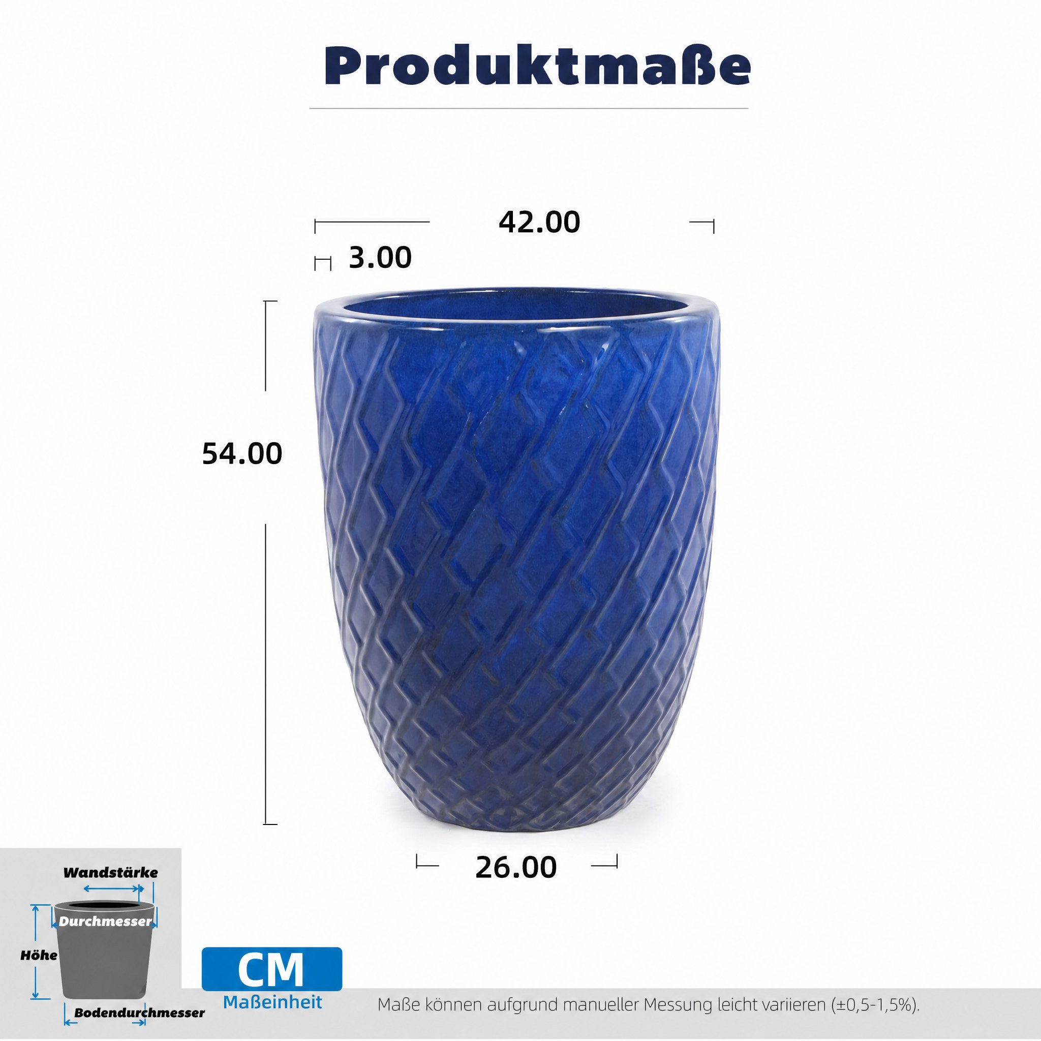 Blossom Blumentopf Großer Keramik Pflanztopf 54cm handgefertigter Blumentopf, Übertopf mit Rautenmuster Königsblau für Zimmerpflanzen und Garten