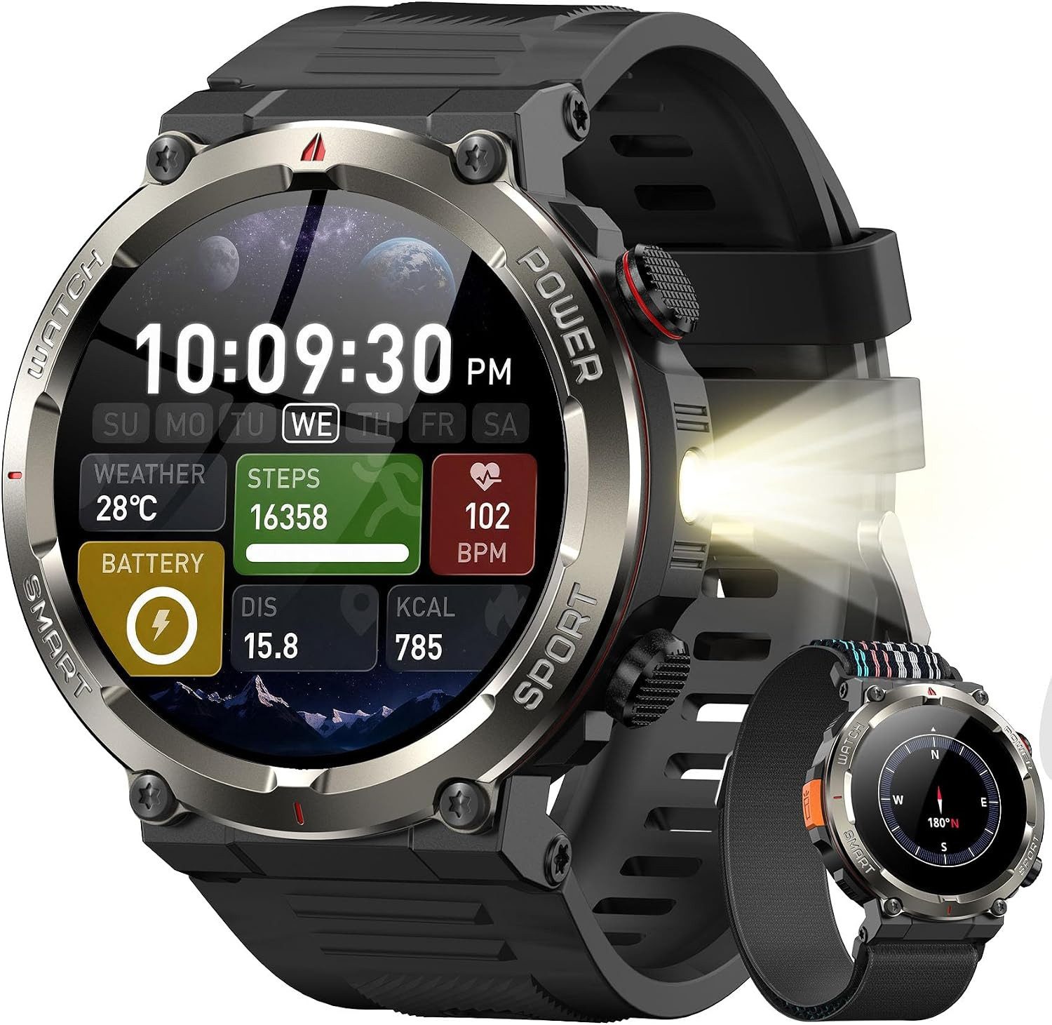 blackview Smartwatch Herren (Anruf Texte Rinnerung),960mAH Akku,100 Tage Standby Smartwatch (3.68 cm/1.45 Zoll, IOS&Android), 1-tlg., 3 Armband und Ladekabel,Schlaf/HR/SpO2/SauerstoffÜberwachung/Schritten, LED Taschenlampe, Sprachassistent, 120+ Sportmodi, Android & iOS, IP68