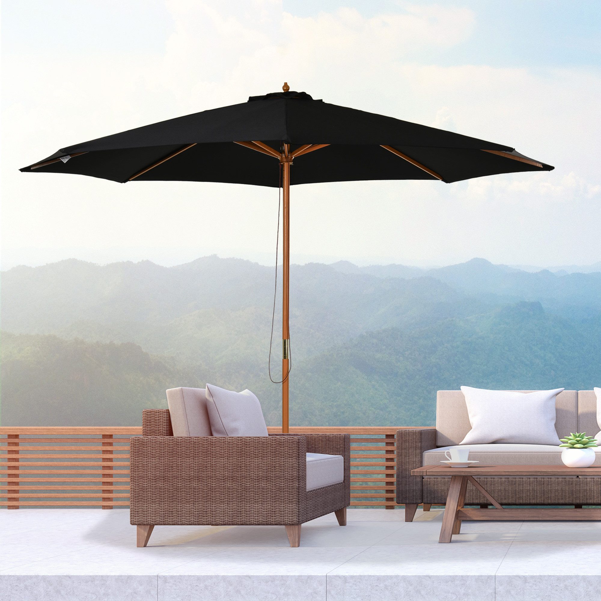 Outsunny Sonnenschirm Sonnenschirm mit UV Schutz Balkonschirm aus Holz, LxB: 300x300 cm, Gartenschirm, Holzschirm, ohne Schirmständer, langlebiges Material