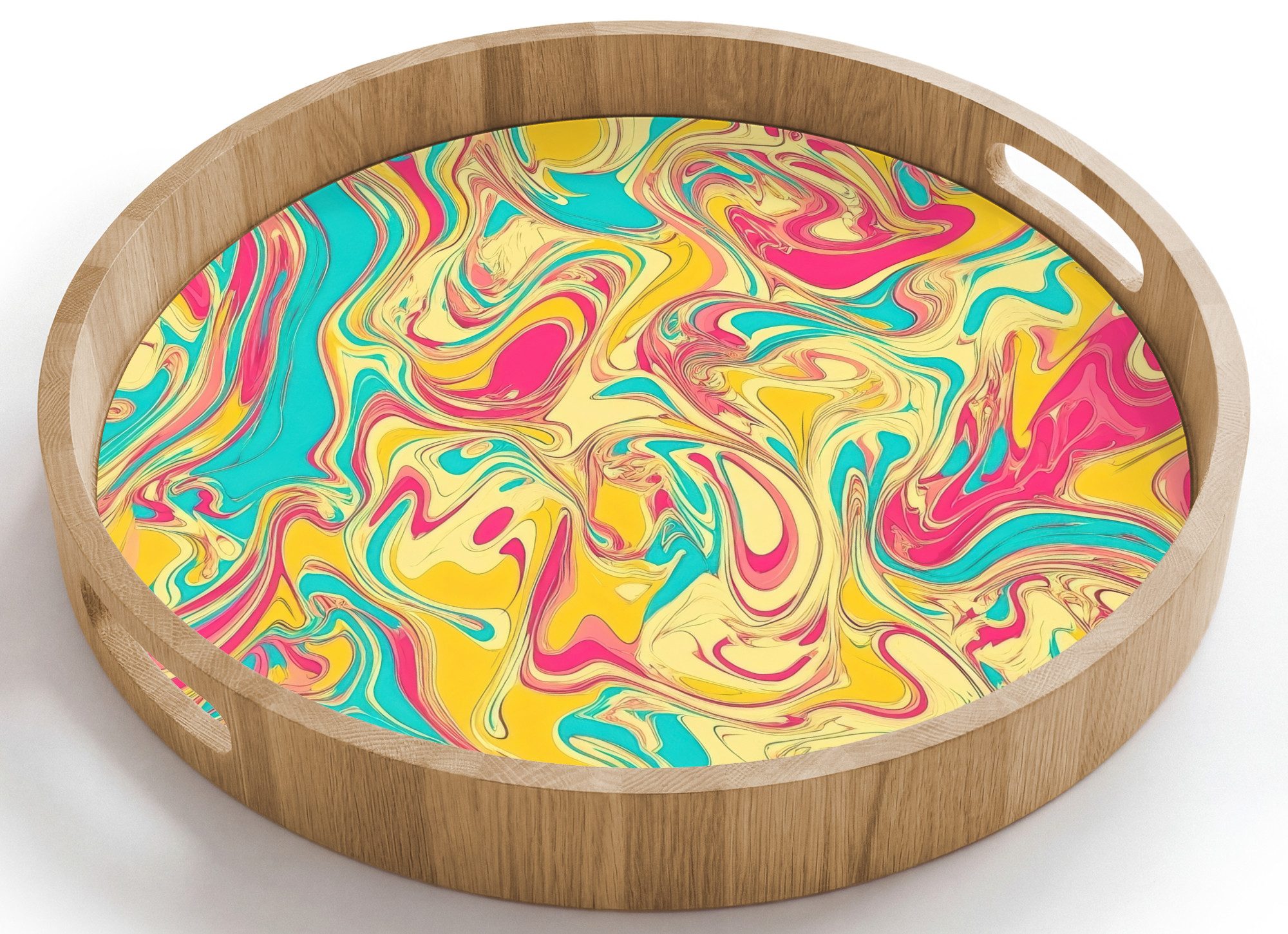OnlyWow Tablett Rund mit Henkel Gelb - Rosa - Blau - Retro, Eichenholz, (1-tlg), Siervierplatte, Tray, Frühstücksbrett