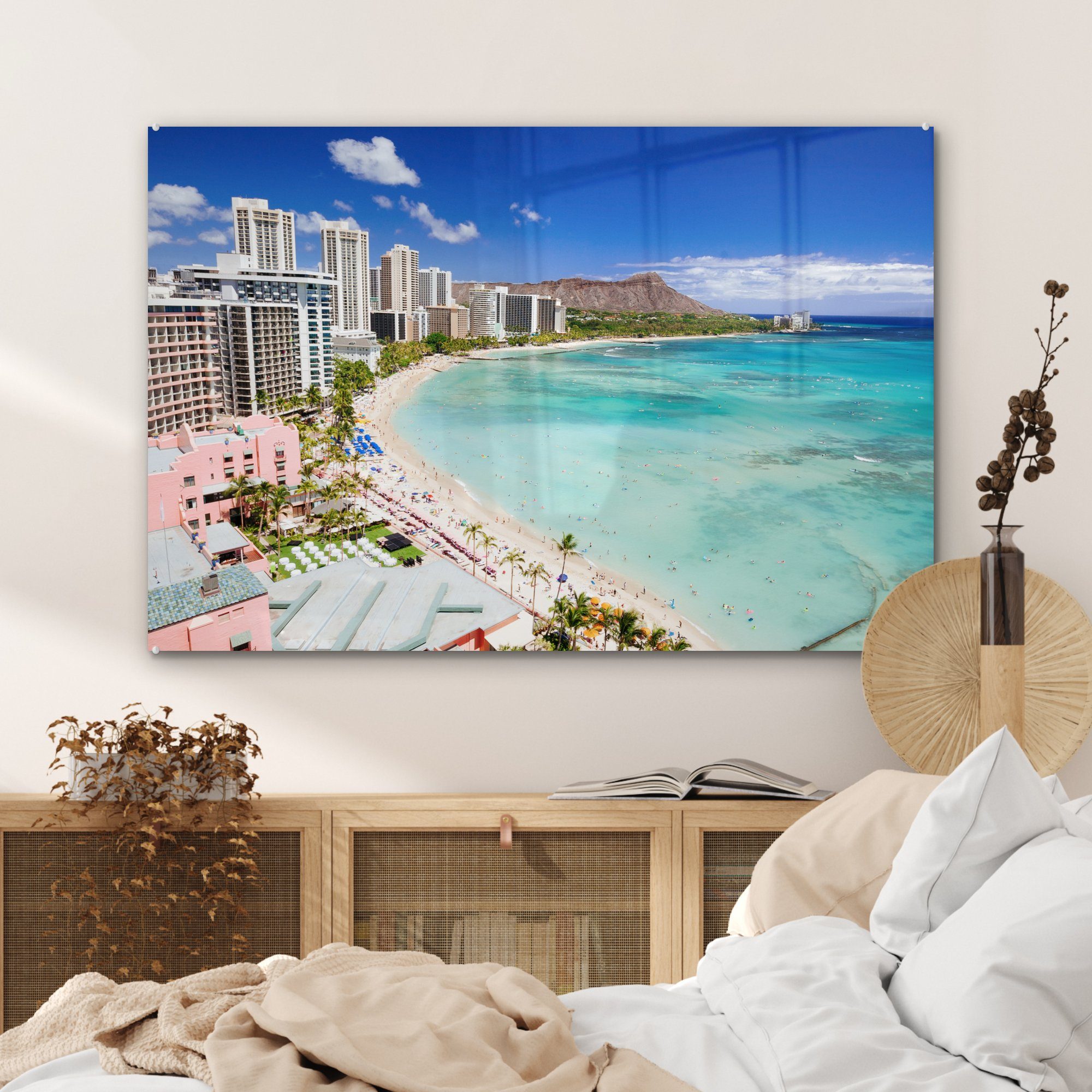 Wohnzimmer Krater Head Diamond Waikiki Beach St), und Acrylglasbild (1 MuchoWow der & Schlafzimmer auf Hawaii, Acrylglasbilder
