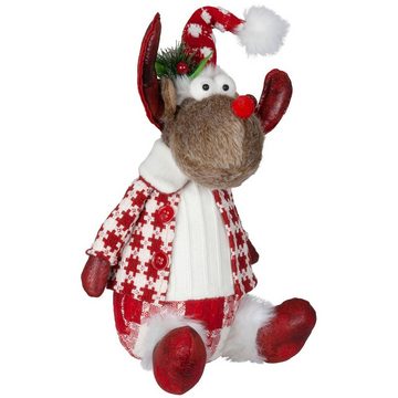 Christmas Paradise Weihnachtsfigur Elch sitzend 32cm (40cm) (Dekofiguren, 2 St., im Set), Rentier Pärchen, 2 Designs Mann und Frau, Weihnachtsdeko Rot-Weiss