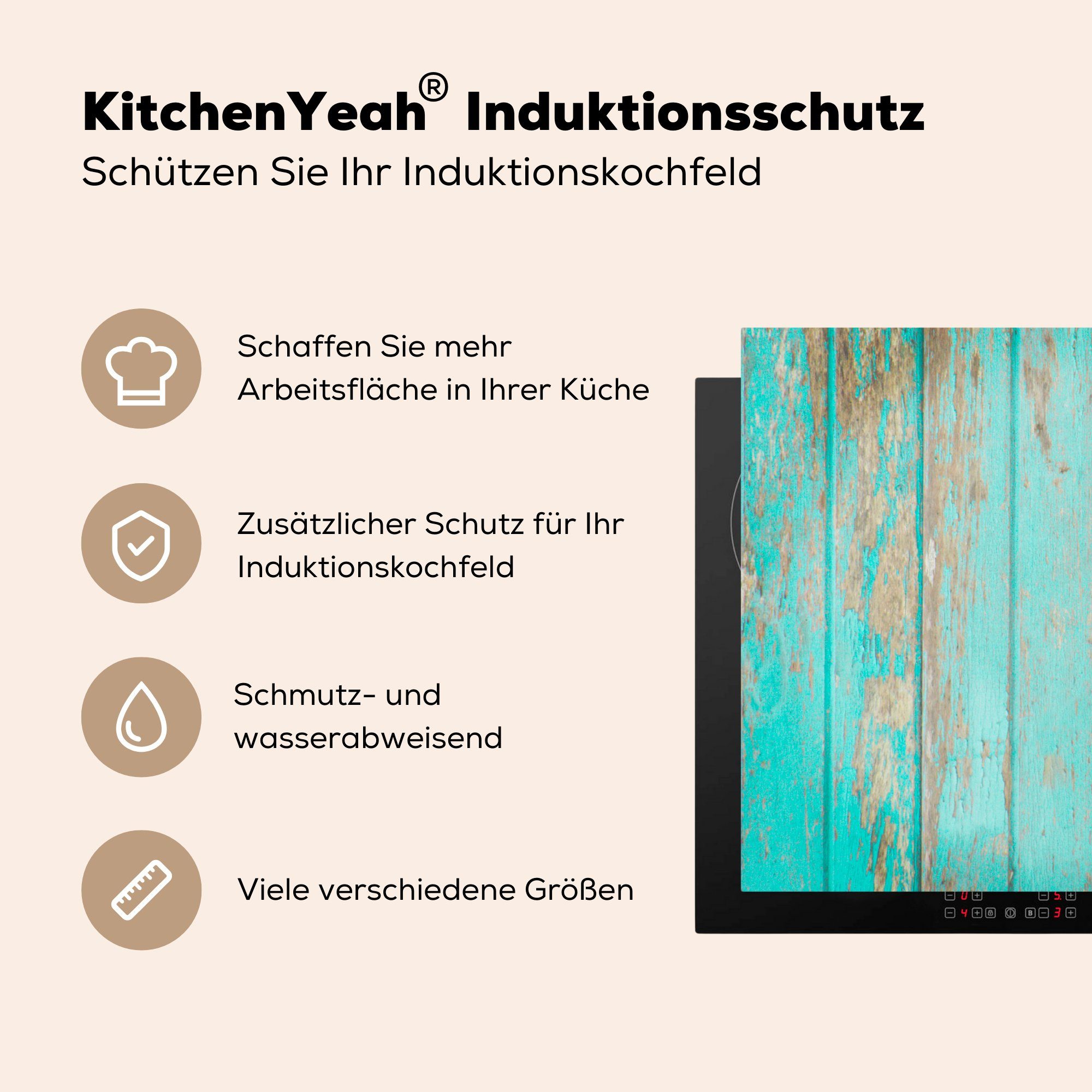Belag, (1 mit cm, Arbeitsplatte MuchoWow türkisfarbenem küche Vinyl, 83x51 tlg), für Holz Ceranfeldabdeckung, Herdblende-/Abdeckplatte