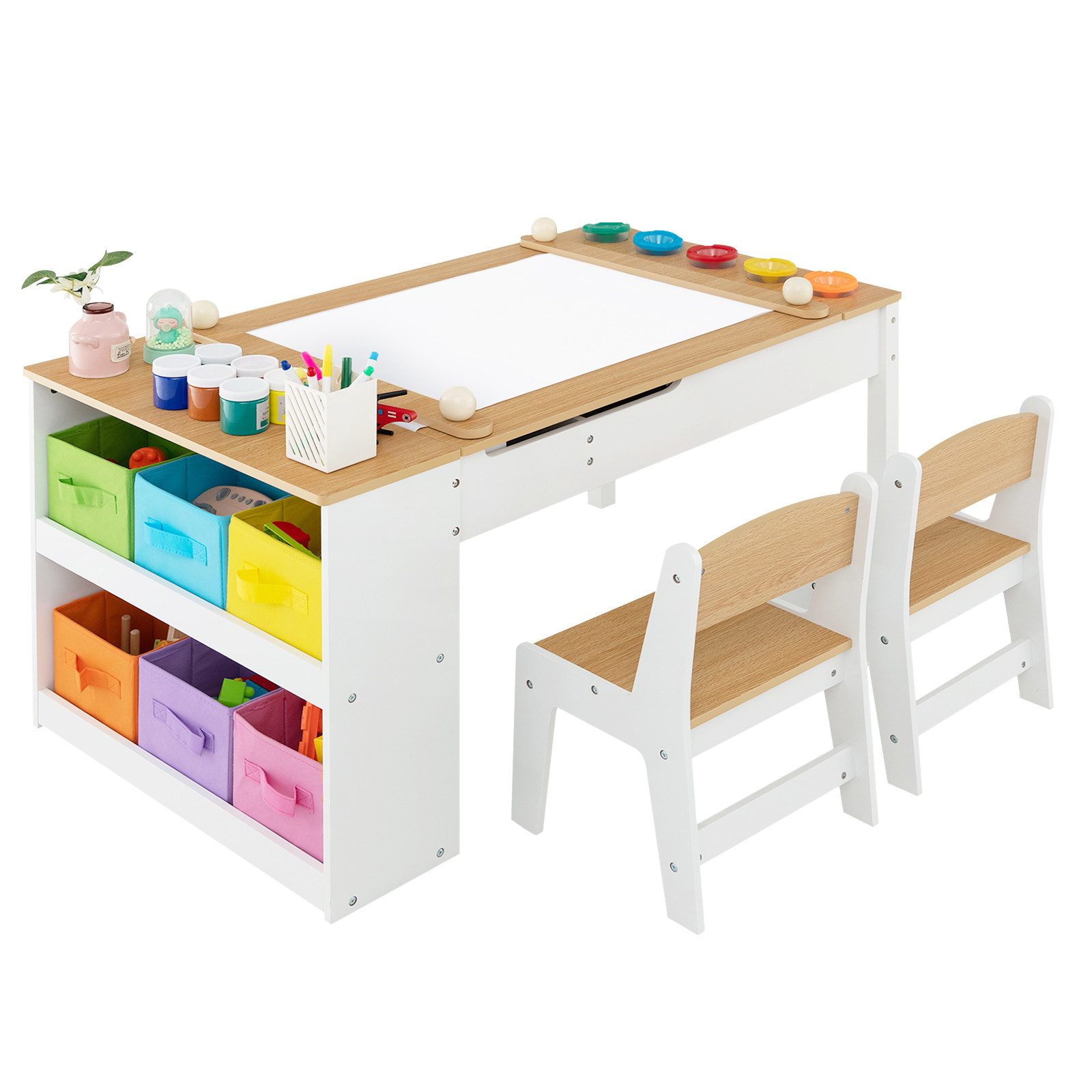 COSTWAY Kindersitzgruppe 3 TLG, Tisch mit 2 Стульяn & Stauraum, ab 3 Jahren