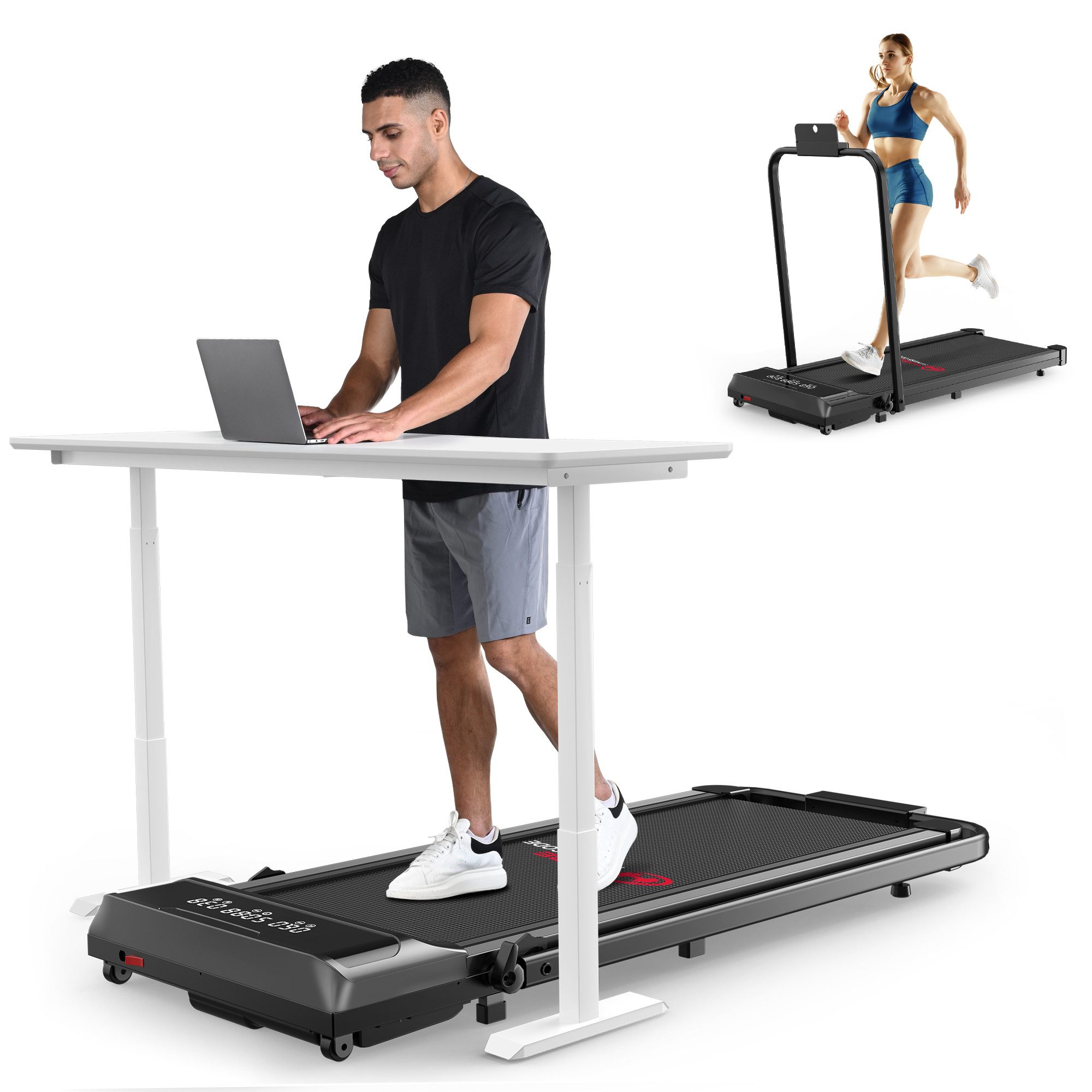 HOMEFITNESSCODE Laufband Klappbares Laufbänder – 2-in-1-Elektrolaufband (mit Armlehnen und LED-Display – Bis 120 kg), Laufband 1–10 km/h einstellbar – Bürstenloser Motor 2,5 PS