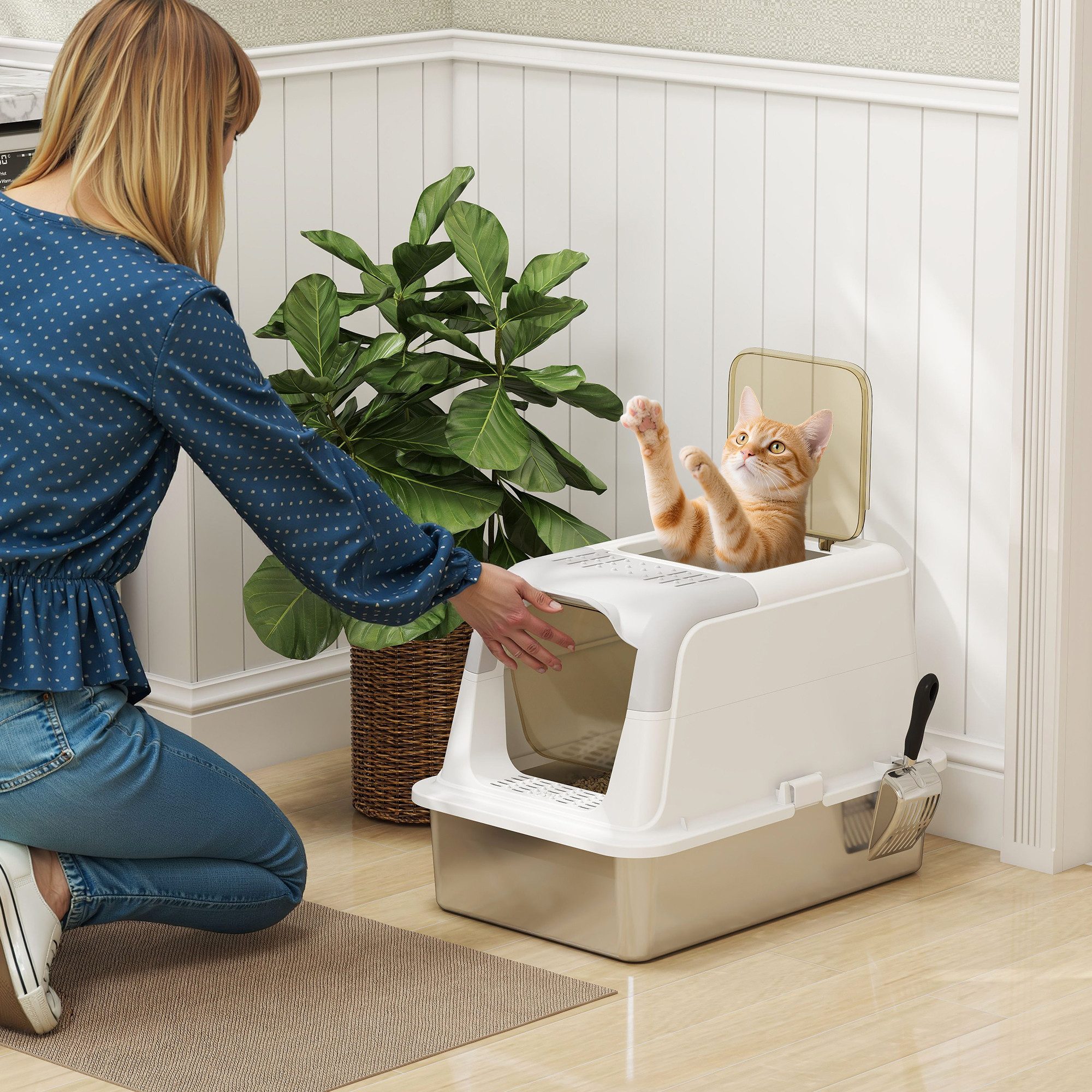 PawHut Katzentoilette mit Deckel, Streuschaufel, Eingang, Ausgang, Deodorierungsbeutel, für Katzen bis 7 kg, Weiß
