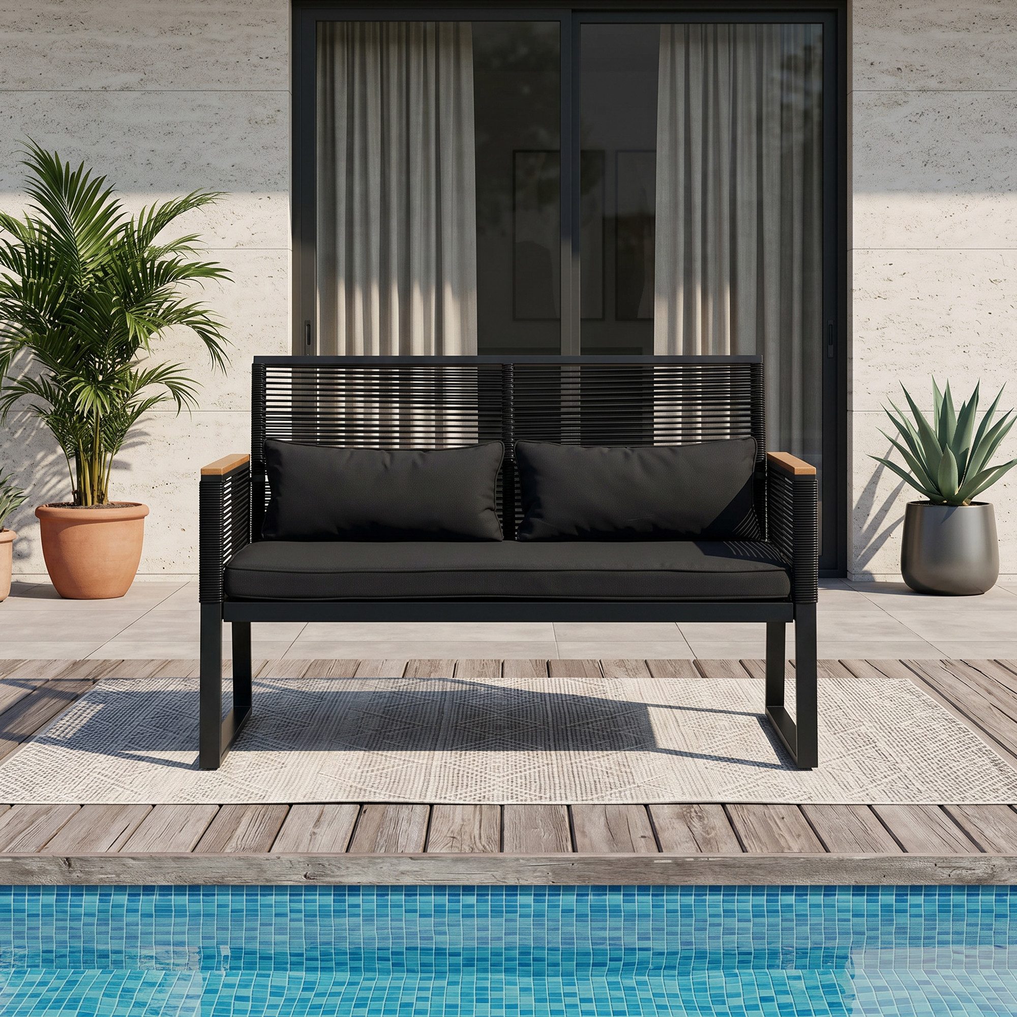 JOIVI Gartenbank 2er Gartenloveseat (Terrasse Sitzbank bis zu 160 kg, Gartenbank mit Sitzkissen&Rückkissen), Balkonbank für Balkon, Garten, Terrasse, Hinterhof, Schwarz