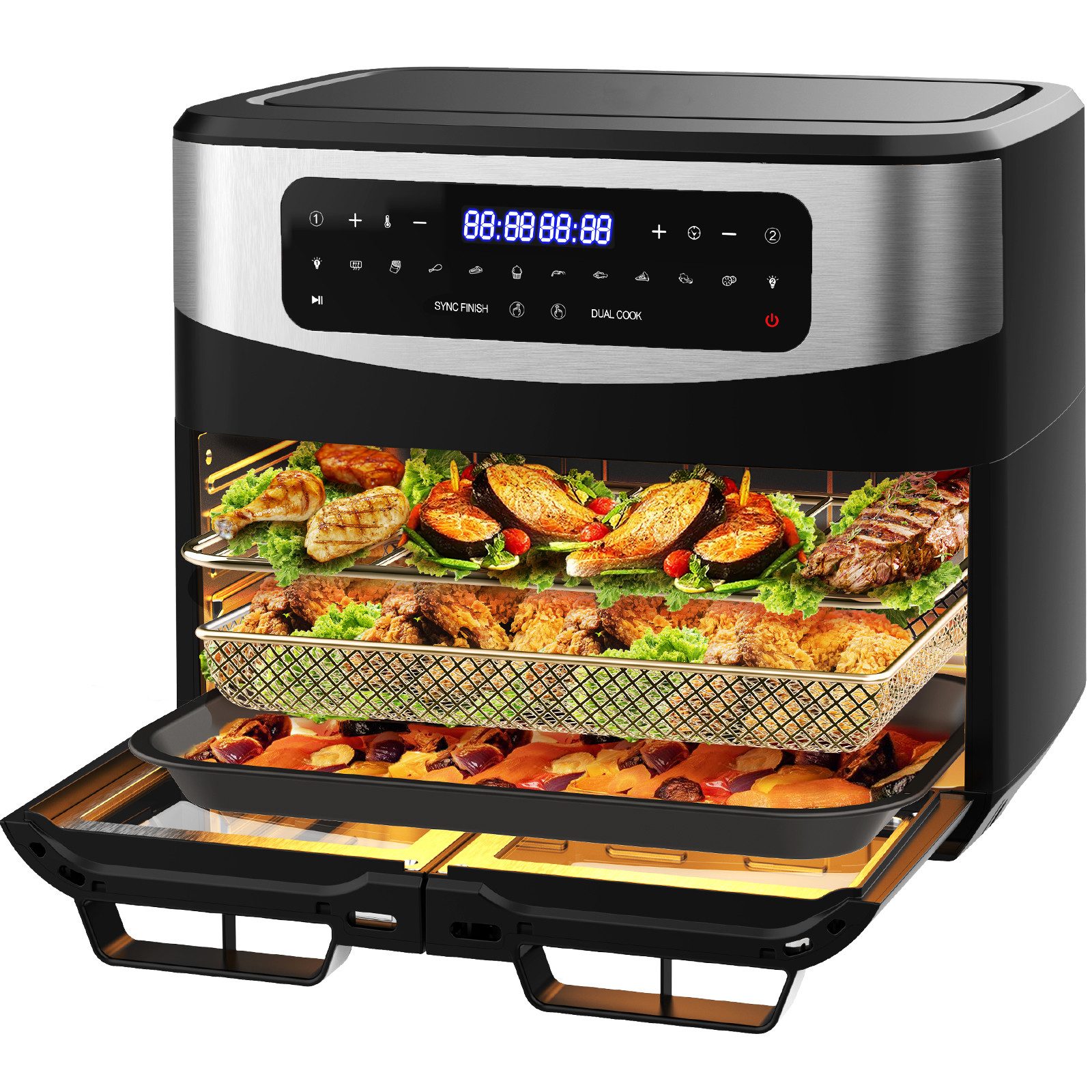 Comfy Mate Heißluftfritteuse 12L Dual Zone, Airfryer mit Sichtfenster, LED-Touch, 10 Programmen, gesund & fettarm, 2200 W, Doppelkammer mit herausnehmbarer Trennwand, Indoor-BBQ