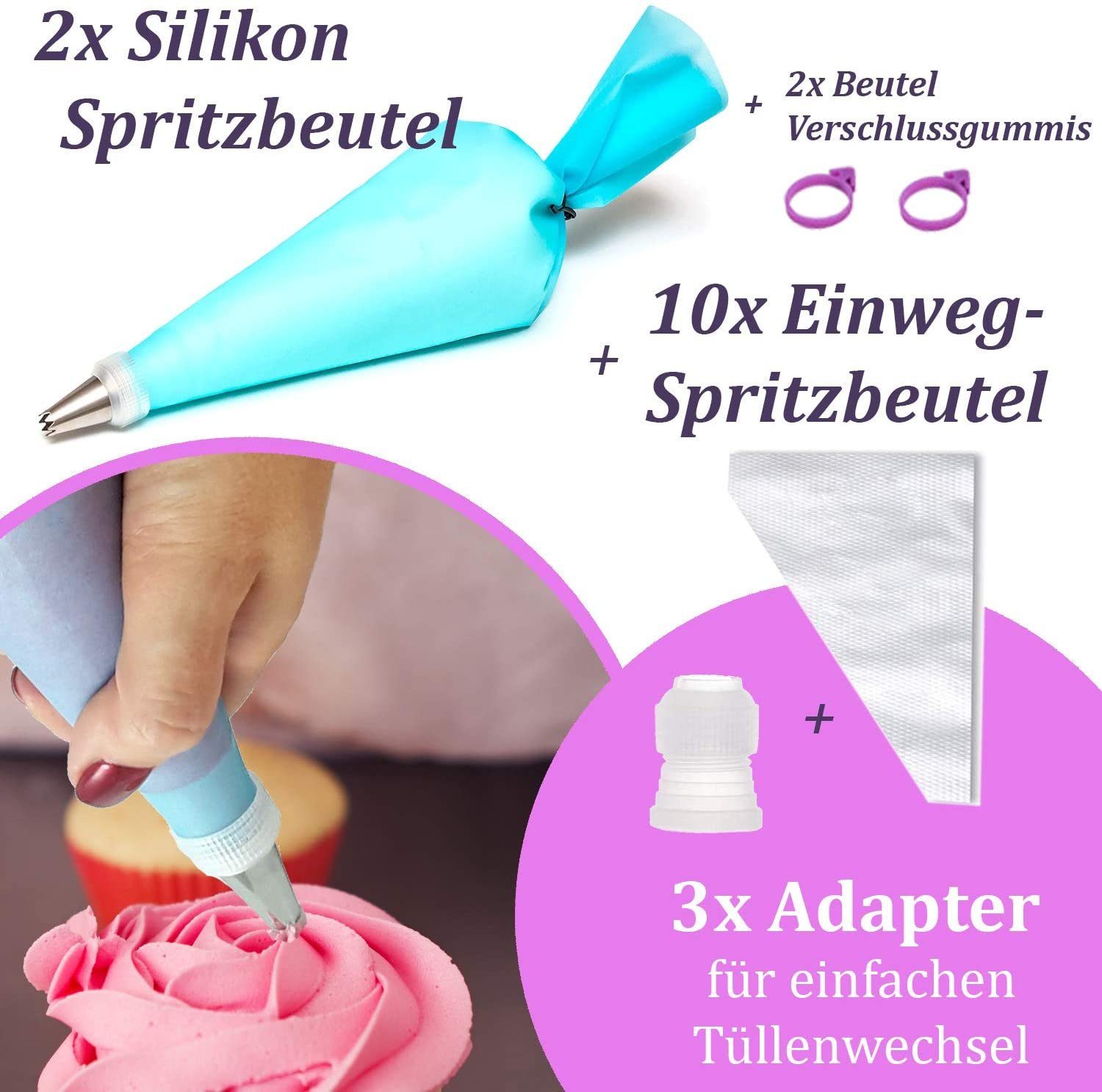 Homtrix Spritzbeutel (XXL, 72-tlg., Tortendeko Backset) 2x Silikonbeutel 47 Nummerierte Tüllen Cupcake Förmchen