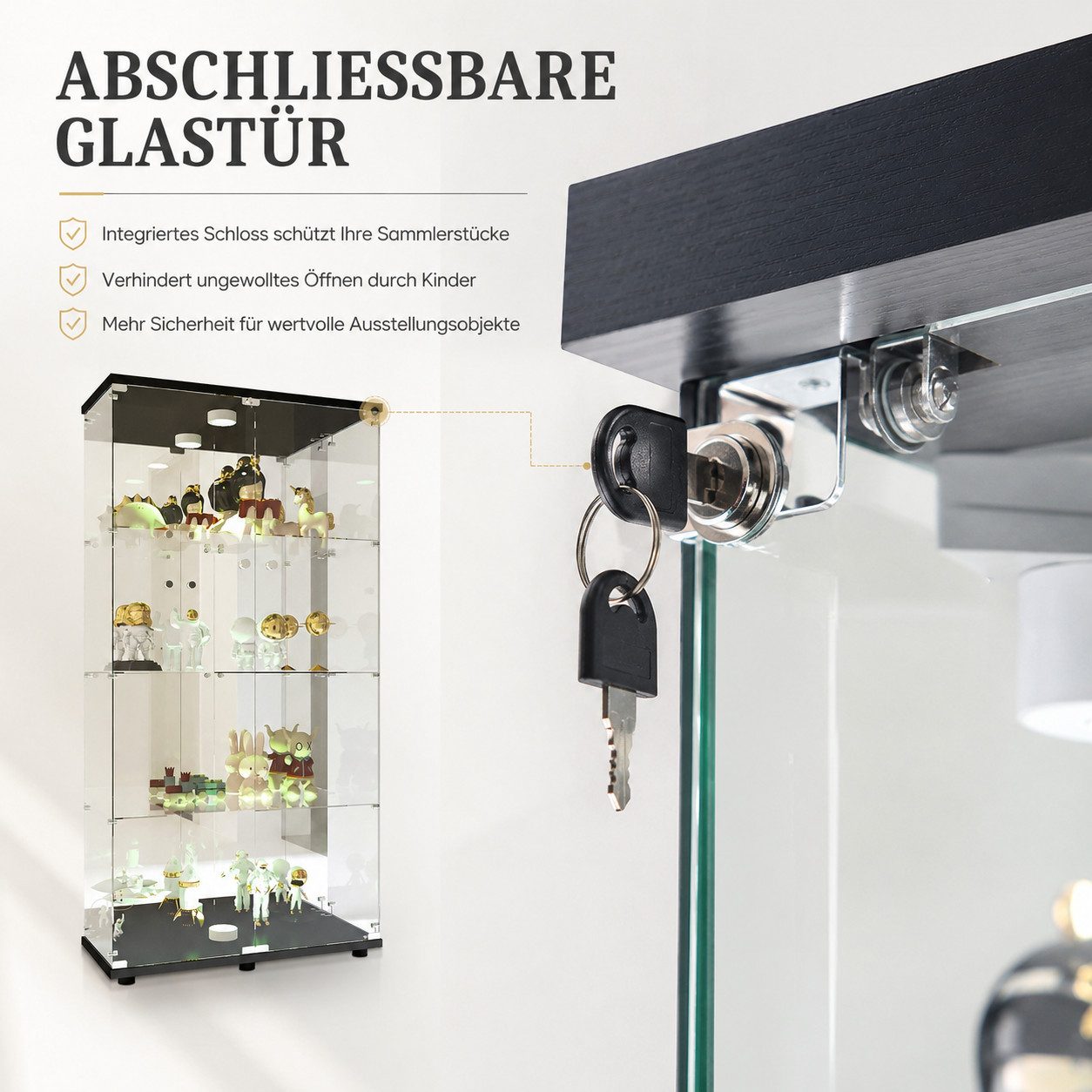Simurq Glasvitrine glasvitrine,vitrinenschrank,vitrine mit LED,sammlervitrine (Packung, Sammlervitrine Schauvitrine mit türen und Schloss, Gehärtetes Glas) LED-Streifenbeleuchtung; Mit Schloss;Doppeltüren
