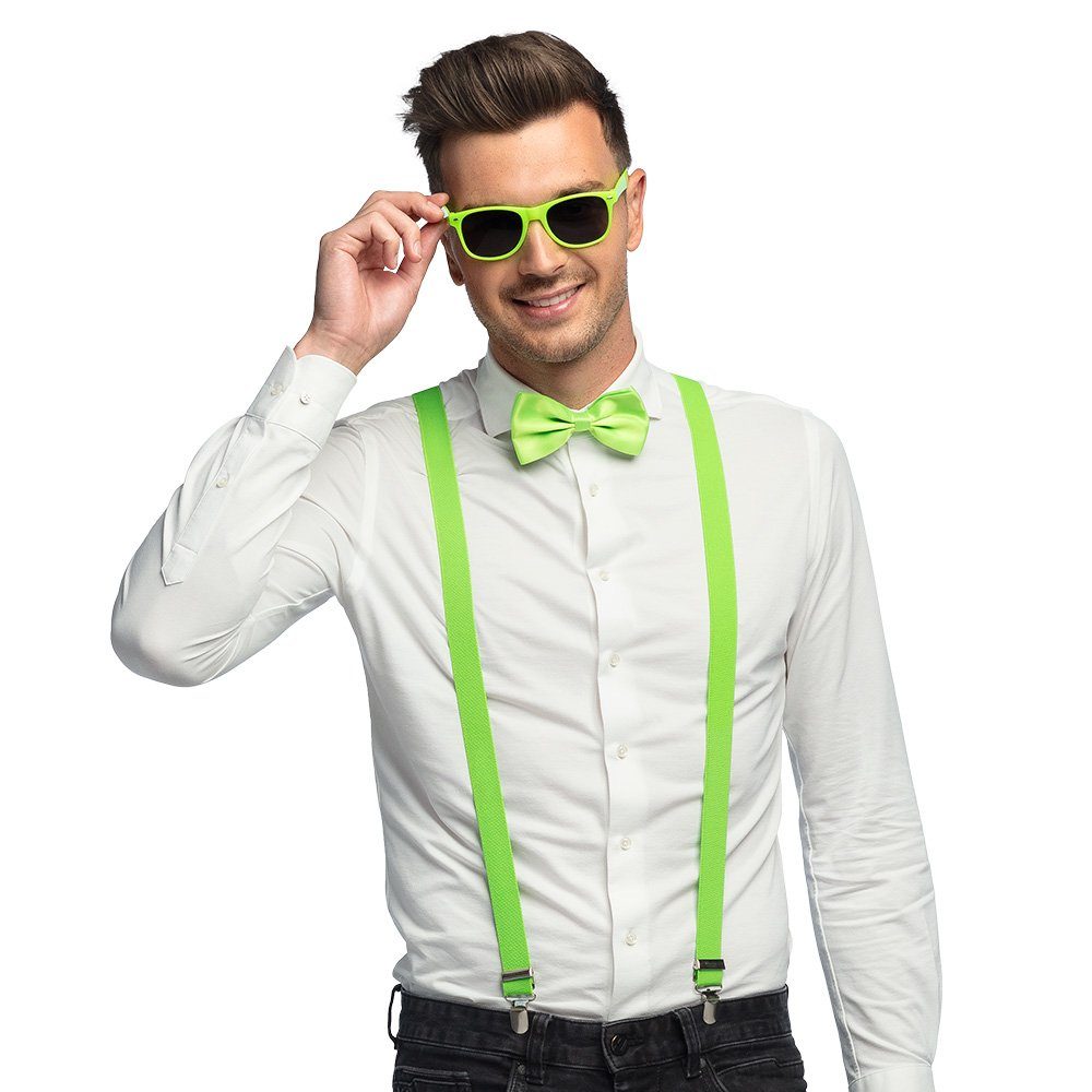 Boland Verkleidungsmaske Partyset Hosenträger, Brille und Fliege, Neon Grü