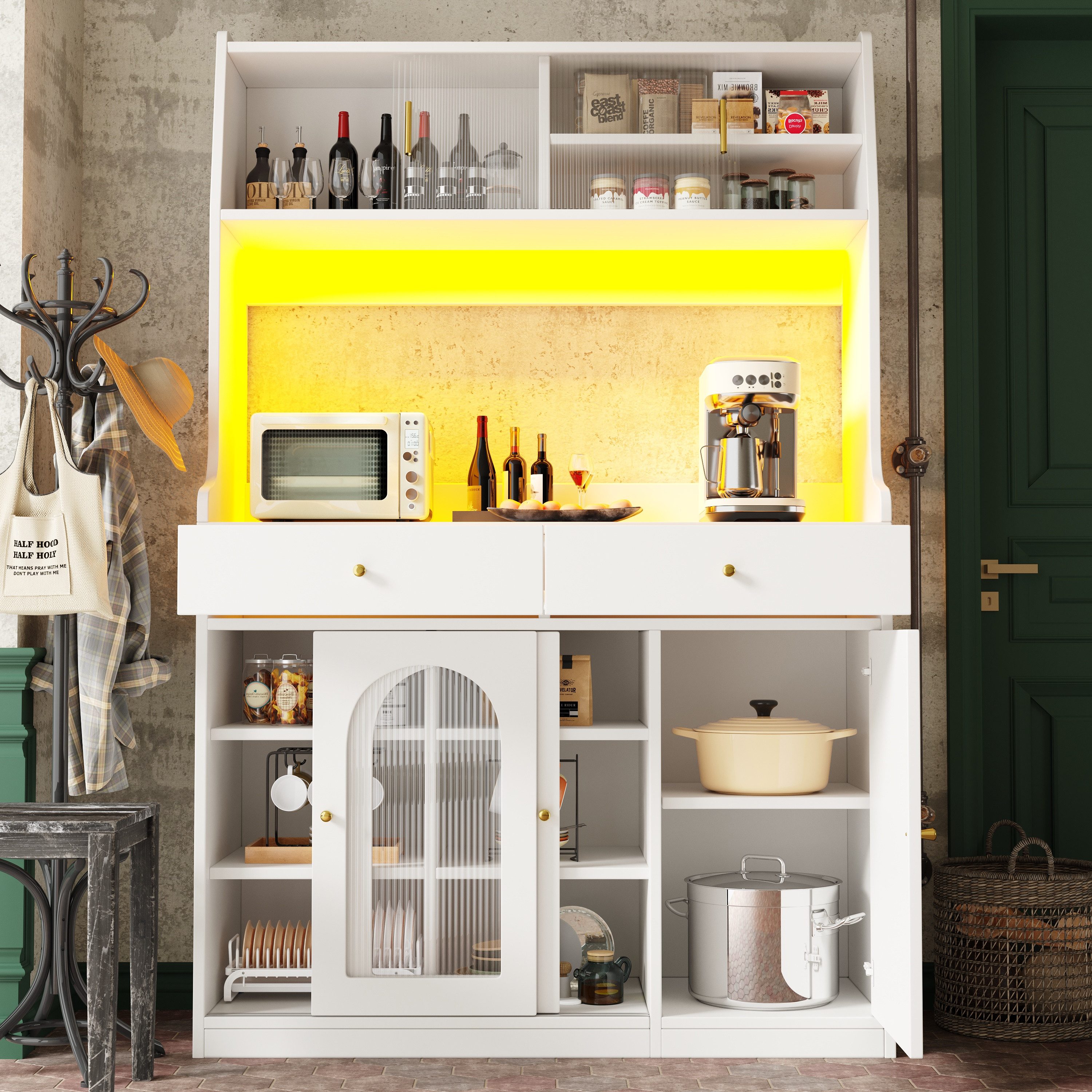 Celya Hochschrank Vitrinenschrank, Buffetschrank mit Verstellbaren Ablagen (Variable Lichtfarben, Weiß) Esszimmerschrank mit 2 Schubladen,Sideboard mit LED-Beleuchtung