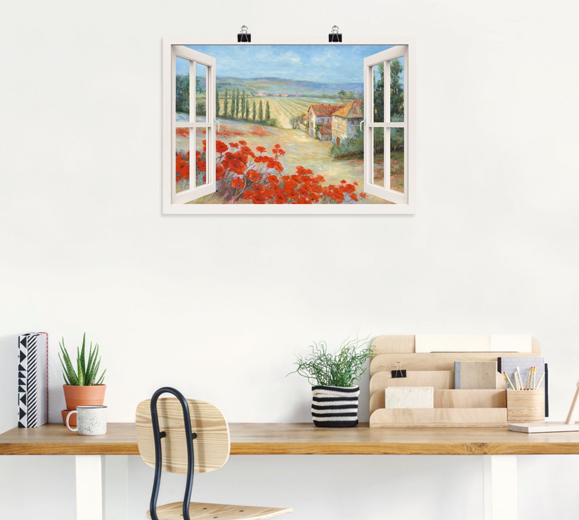 Wandaufkleber versch. St), Artland Wandbild Alubild, oder Poster (1 Größen in als Fensterblick Mohnlandschaft, Leinwandbild,